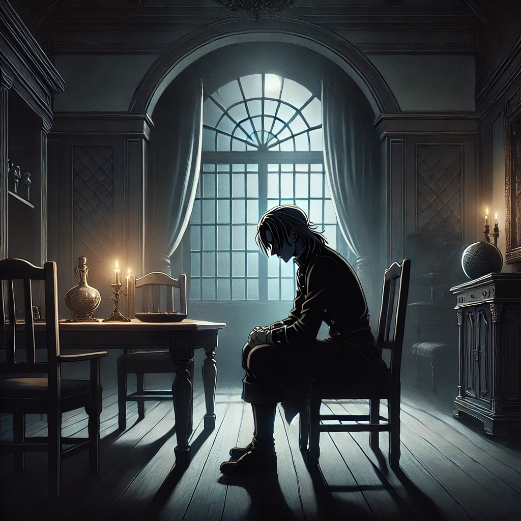 DALL·E-2024-09-21-00.31.52-A-solemn-dark-interior-of-a-European-style-house-at-night.-A-young-man-sits-alone-his-face-troubled-as-he-reflects-on-his-mistake.-The-room-is-dimly ルー・ガルー、フランスに伝わる人狼の話をAIと紐解いてみよう