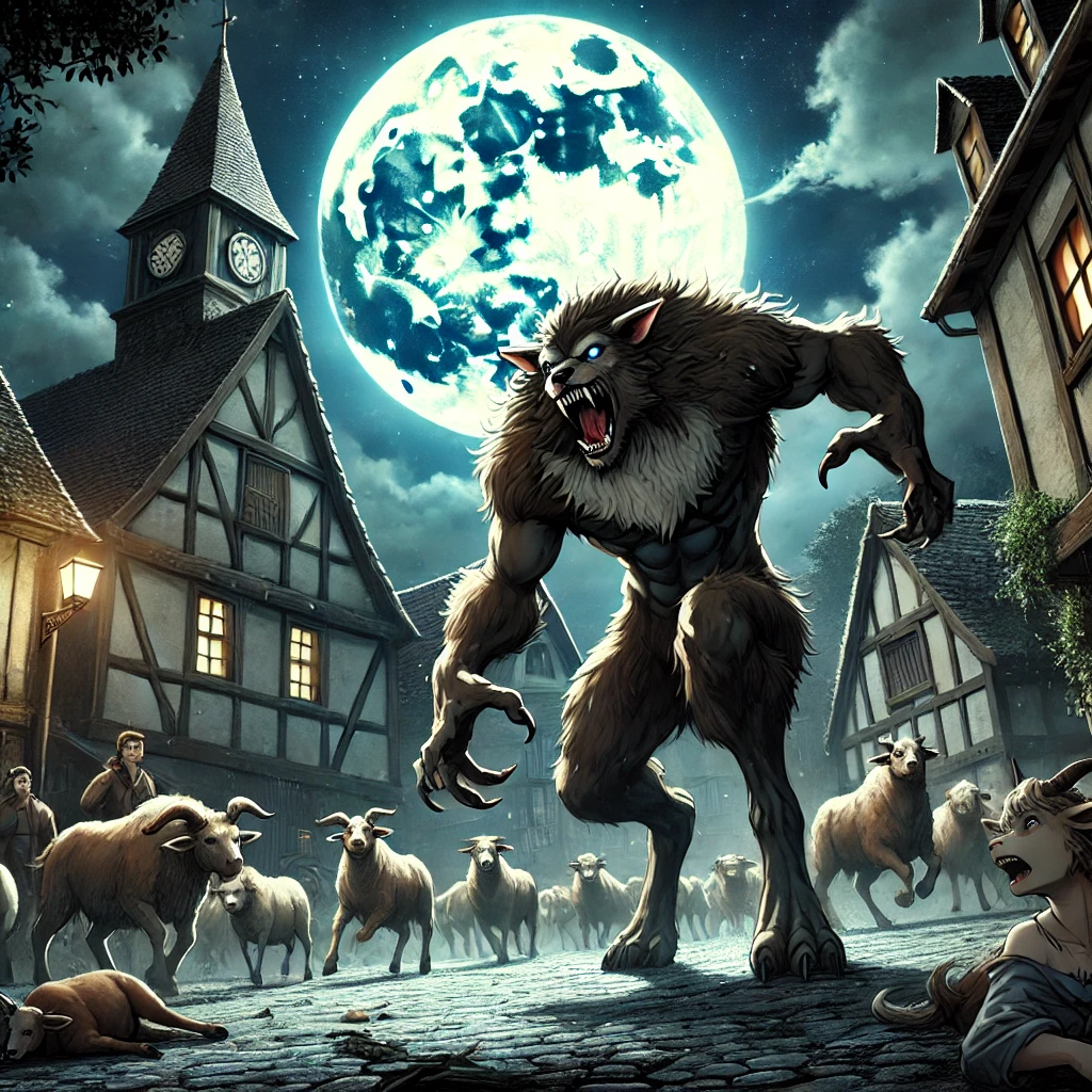 DALL·E-2024-09-21-00.43.06-A-terrifying-night-scene-in-a-European-village-under-a-full-moon.-The-Loup-Garou-now-fully-transformed-into-a-werewolf-stands-menacingly-in-the-vill ルー・ガルー、フランスに伝わる人狼の話をAIと紐解いてみよう