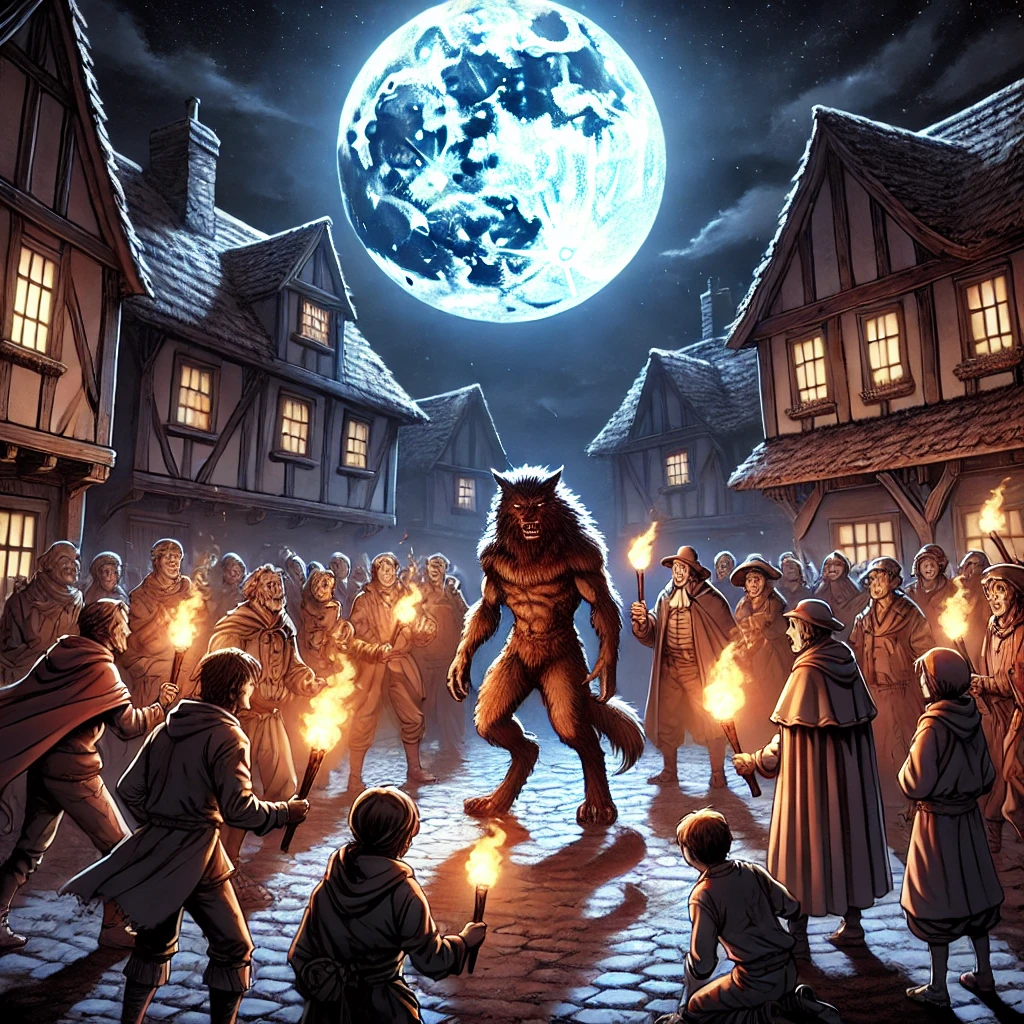 DALL·E-2024-09-21-00.45.24-A-tense-night-scene-in-the-village-square-under-the-full-moon.-Villagers-holding-torches-gather-in-fear-and-confusion-some-brave-and-others-steppin ルー・ガルー、フランスに伝わる人狼の話をAIと紐解いてみよう