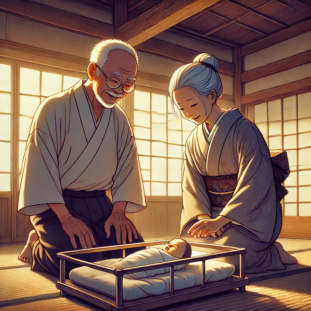 DALL·E-2024-09-22-02.39.52-An-elderly-couple-in-a-traditional-Japanese-home-with-soft-lighting-creating-a-warm-atmosphere.-The-couple-looks-lovingly-at-a-tiny-baby-only-the-si 一寸法師　世界中の小人伝説に見られる共通点とは？AIと考察してみたよー