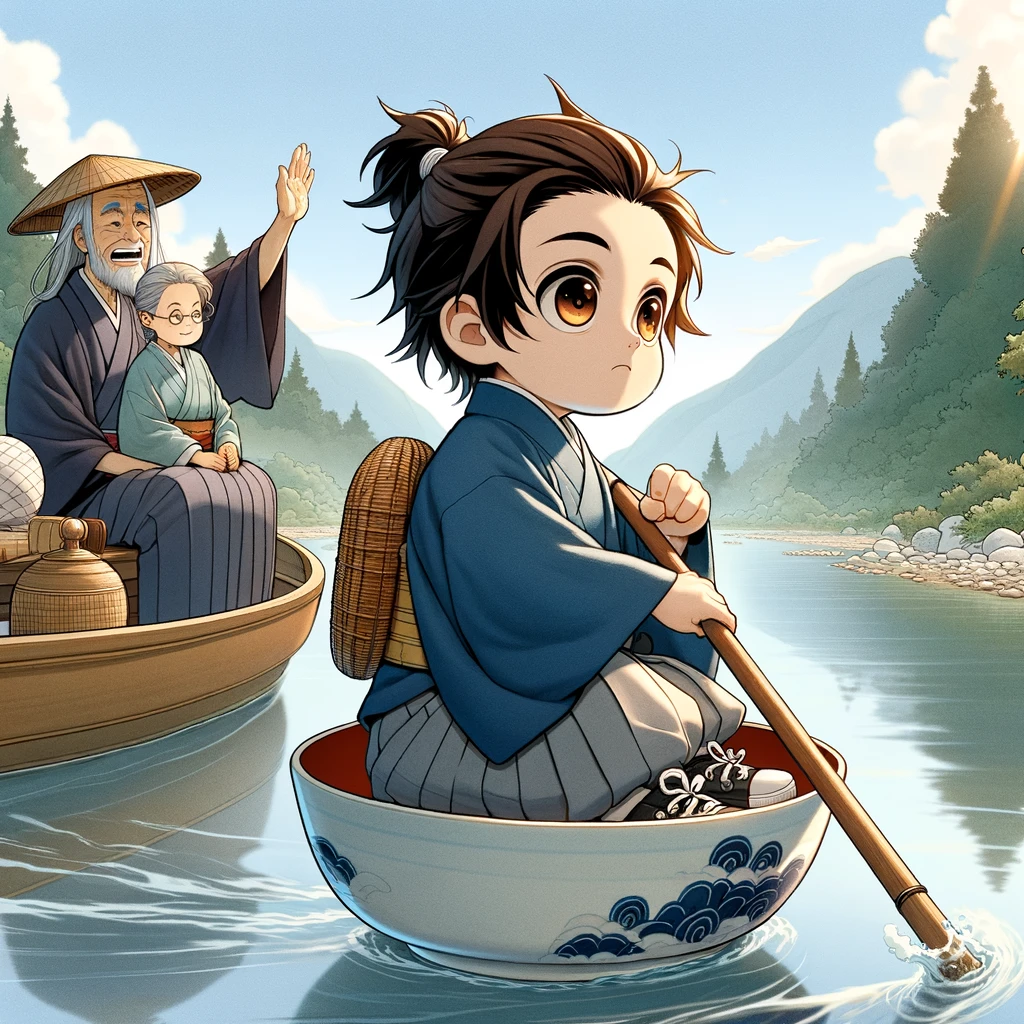 DALL·E-2024-09-22-02.42.04-A-young-boy-only-the-size-of-a-finger-dressed-in-traditional-Japanese-clothing-sitting-in-a-small-tea-bowl-used-as-a-boat-paddling-with-a-chopstic 一寸法師　世界中の小人伝説に見られる共通点とは？AIと考察してみたよー