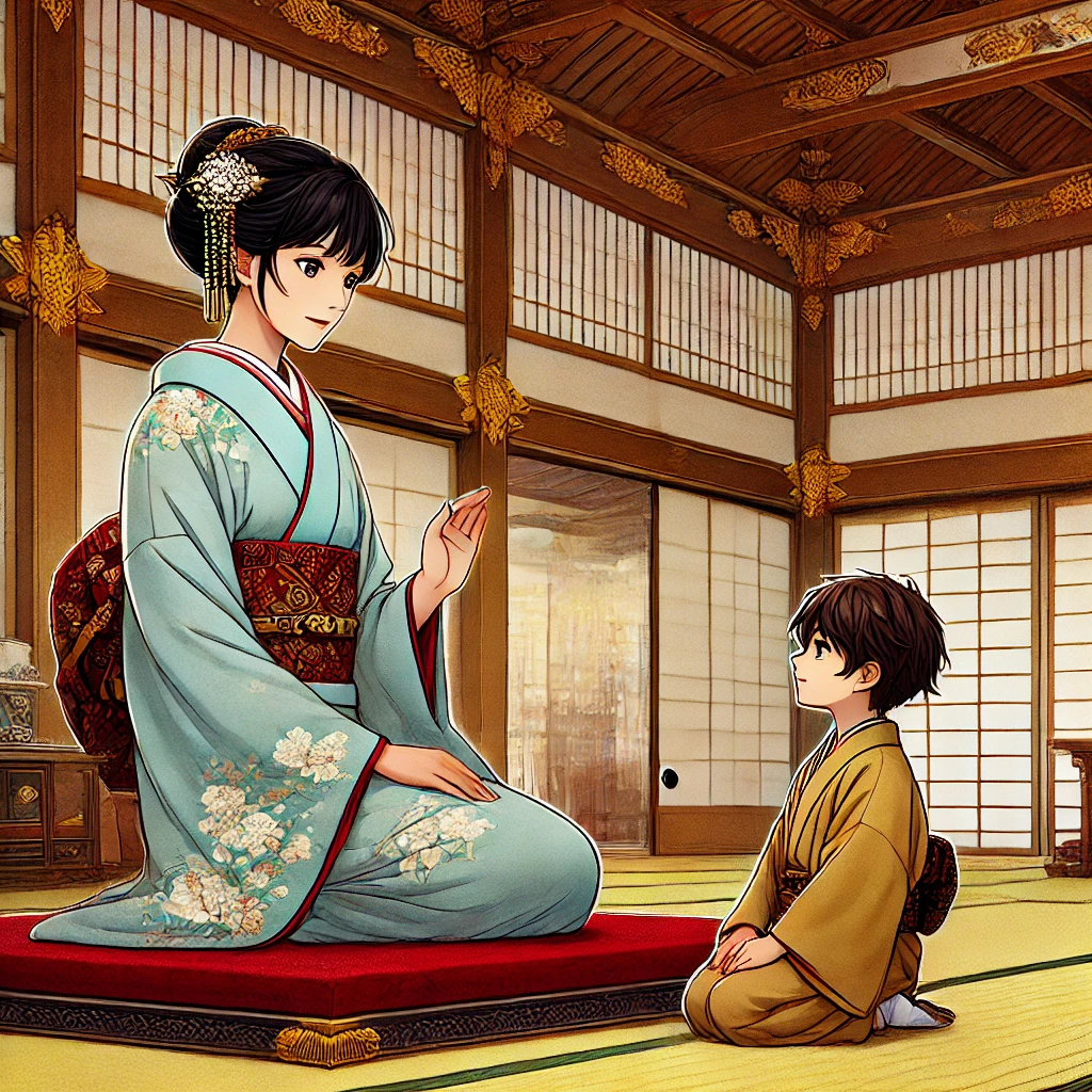 DALL·E-2024-09-22-02.44.17-A-young-woman-a-princess-seated-gracefully-in-a-luxurious-traditional-Japanese-room.-She-wears-an-elegant-kimono-and-looks-with-surprise-but-gentle- 一寸法師　世界中の小人伝説に見られる共通点とは？AIと考察してみたよー