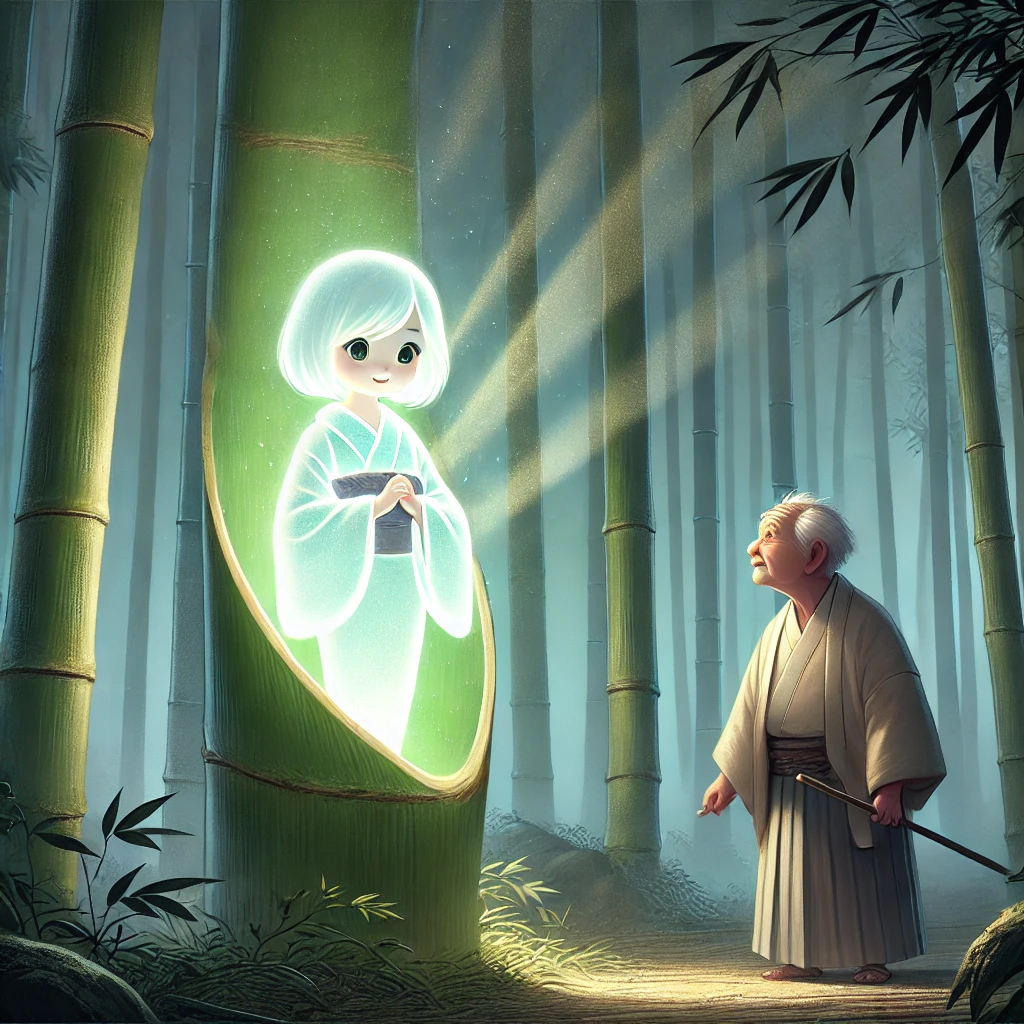 DALL·E-2024-09-22-19.41.36-A-glowing-bamboo-stalk-in-a-serene-bamboo-forest-with-a-small-ethereal-girl-Kaguya-hime-emerging-from-inside.-The-girl-is-glowing-softly-her-feat 竹取物語をAIと考察してみた。富士山もでてくるみたいよ。知ってた？