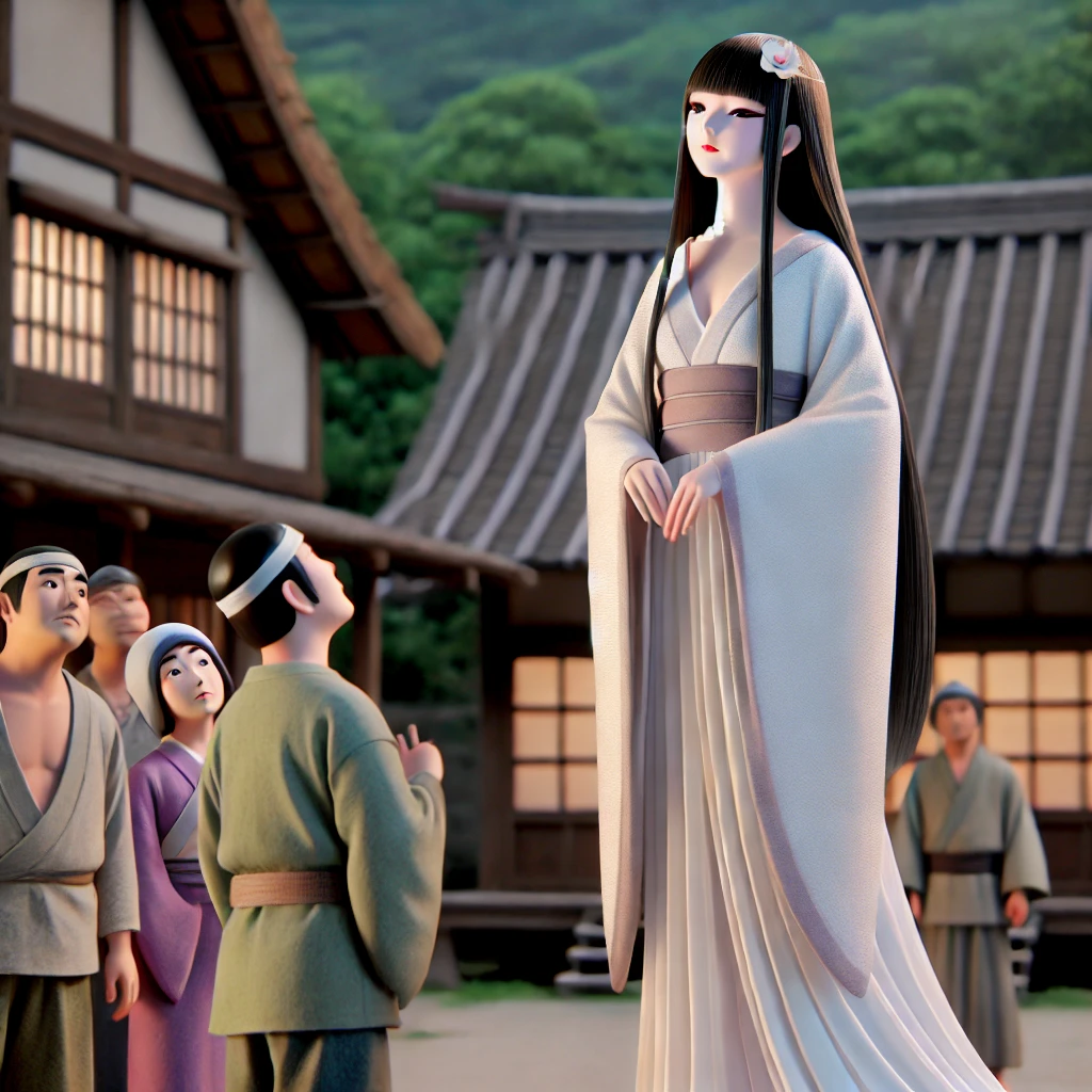 DALL·E-2024-09-22-22.07.44-A-grown-Kaguya-hime-now-a-beautiful-young-woman-standing-gracefully-in-the-middle-of-a-traditional-Japanese-village.-Her-long-flowing-hair-and-elega 竹取物語をAIと考察してみた。富士山もでてくるみたいよ。知ってた？