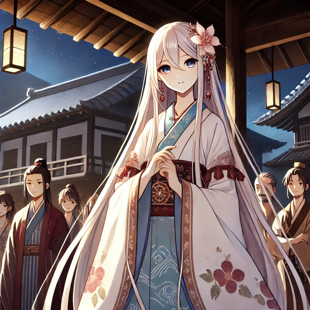 DALL·E-2024-09-22-22.08.36-A-grown-Kaguya-hime-now-a-beautiful-young-woman-standing-gracefully-in-the-middle-of-a-traditional-Japanese-village.-Her-long-flowing-hair-and-elega 竹取物語をAIと考察してみた。富士山もでてくるみたいよ。知ってた？