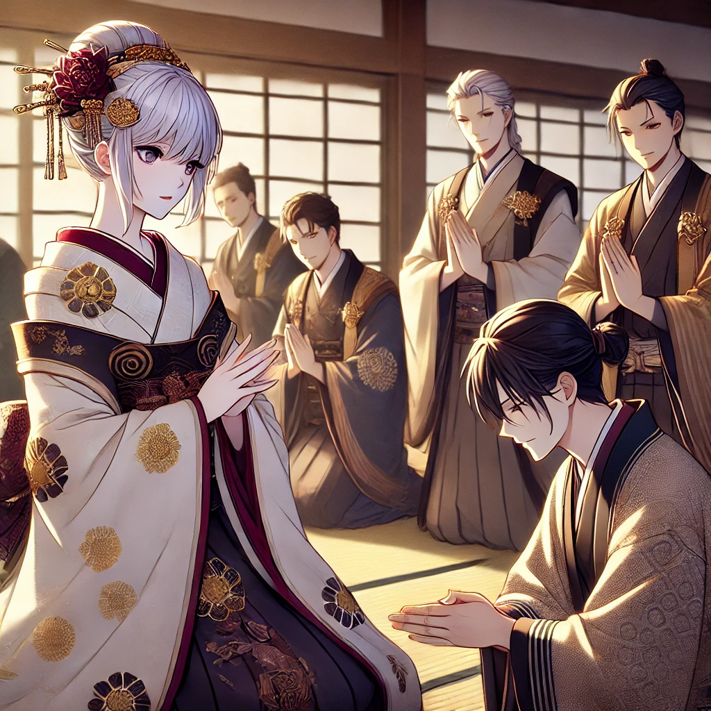 DALL·E-2024-09-22-22.10.16-Kaguya-hime-dressed-elegantly-in-her-adult-anime-style-is-seen-gracefully-rejecting-a-group-of-well-dressed-noblemen-who-are-kneeling-and-offering- 竹取物語をAIと考察してみた。富士山もでてくるみたいよ。知ってた？