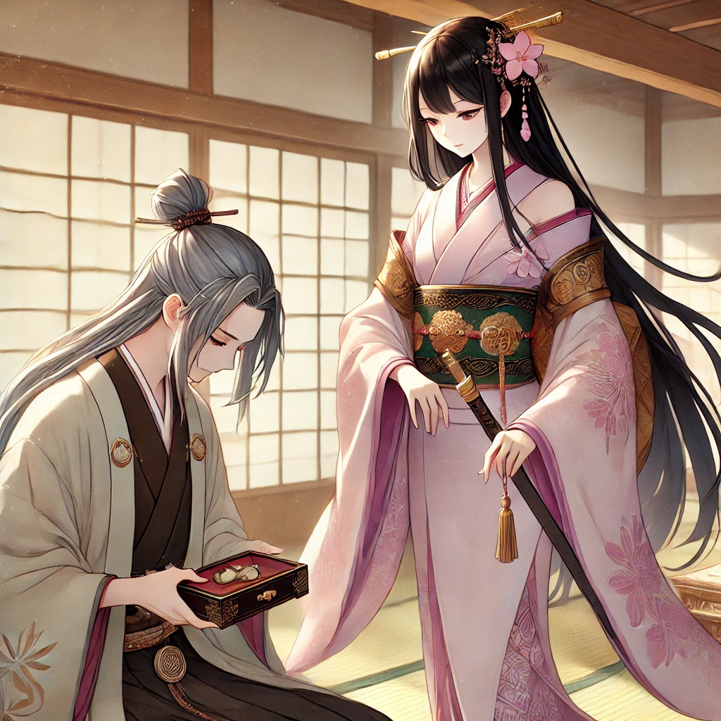 DALL·E-2024-09-22-22.11.20-Kaguya-hime-in-her-elegant-adult-anime-style-is-standing-gracefully-in-a-serene-setting-as-one-of-the-noblemen-returns-from-his-failed-quest.-The-no 竹取物語をAIと考察してみた。富士山もでてくるみたいよ。知ってた？