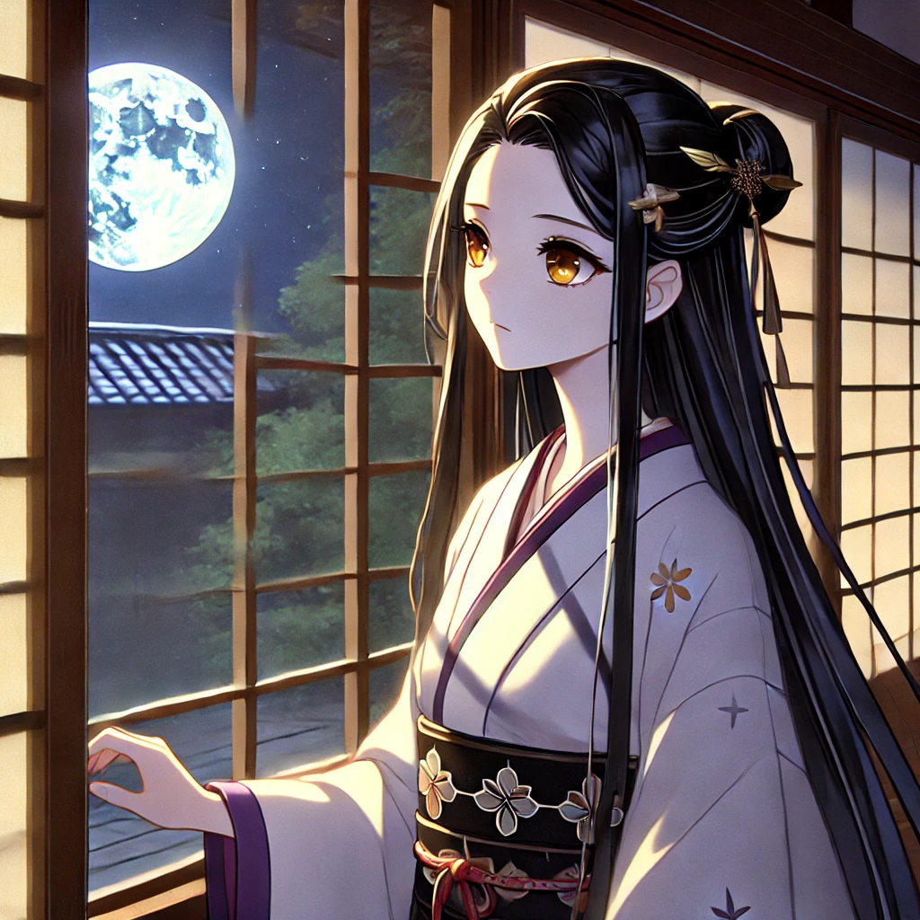 DALL·E-2024-09-22-22.16.09-Kaguya-hime-in-her-elegant-adult-anime-style-with-long-flowing-dark-hair-standing-near-a-window-as-she-looks-out-at-the-full-moon.-Her-expression-is 竹取物語をAIと考察してみた。富士山もでてくるみたいよ。知ってた？