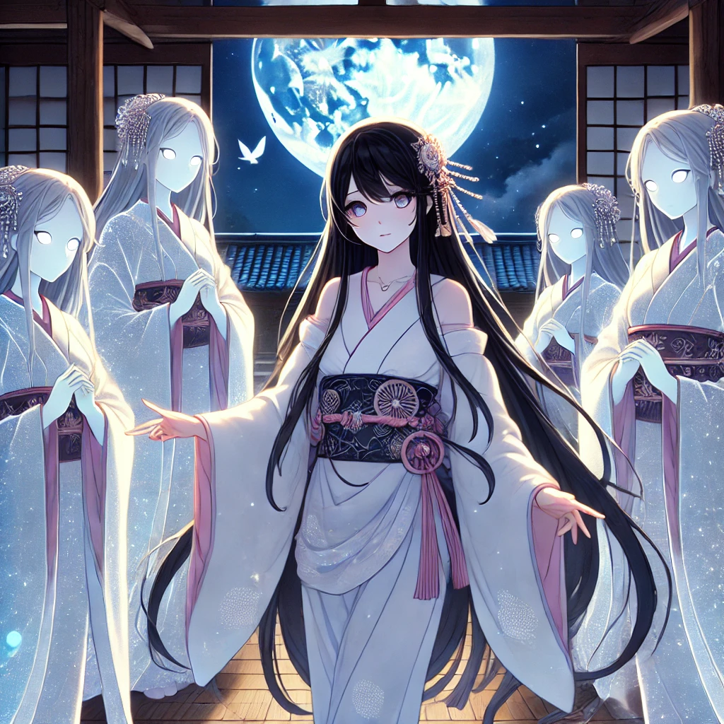 DALL·E-2024-09-22-22.16.30-Kaguya-hime-in-her-elegant-adult-anime-style-with-long-flowing-dark-hair-is-seen-with-the-moon-emissaries-who-have-come-to-take-her-back-to-the-moon 竹取物語をAIと考察してみた。富士山もでてくるみたいよ。知ってた？