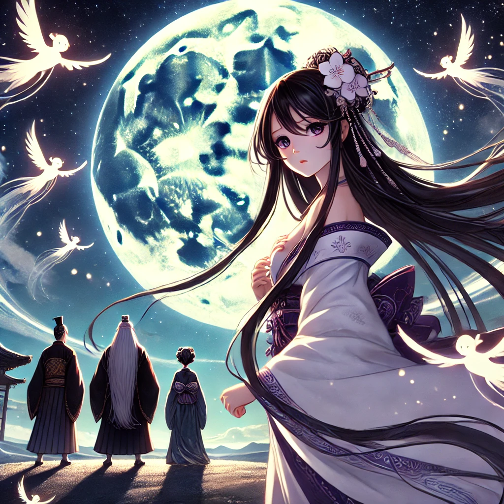 DALL·E-2024-09-22-22.17.38-Kaguya-hime-in-her-elegant-adult-anime-style-with-long-flowing-dark-hair-ascends-towards-the-full-moon-surrounded-by-glowing-moon-emissaries.-She-lo 竹取物語をAIと考察してみた。富士山もでてくるみたいよ。知ってた？