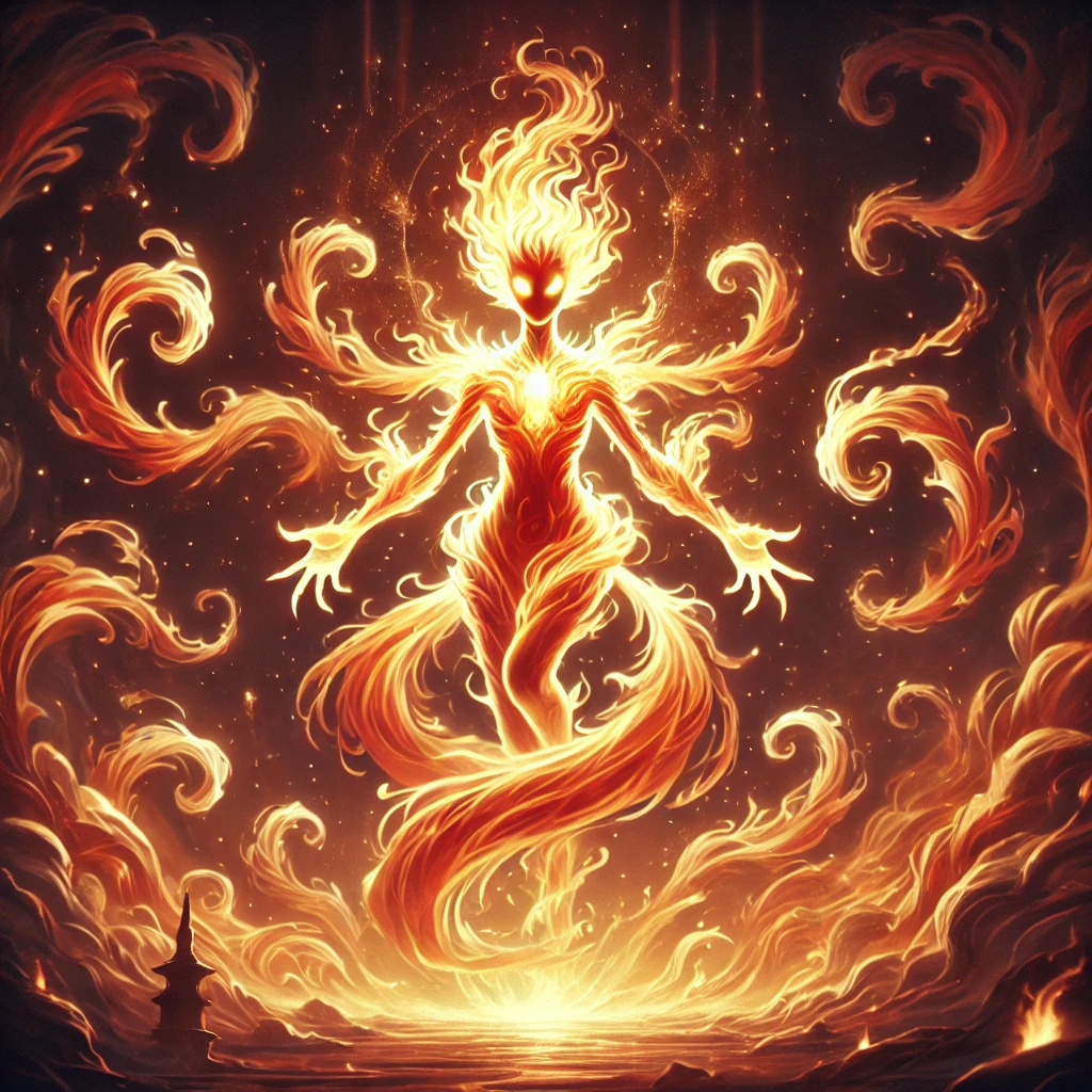 DALL·E-2024-09-23-15.26.22-A-majestic-fire-spirit-emerging-from-a-swirl-of-flames-with-a-humanoid-shape-but-made-entirely-of-flickering-fire.-The-figure-has-glowing-eyes-and-i 『火男（ひおとこ）』煽り耐性0の炎の妖怪VS人間のバトル！