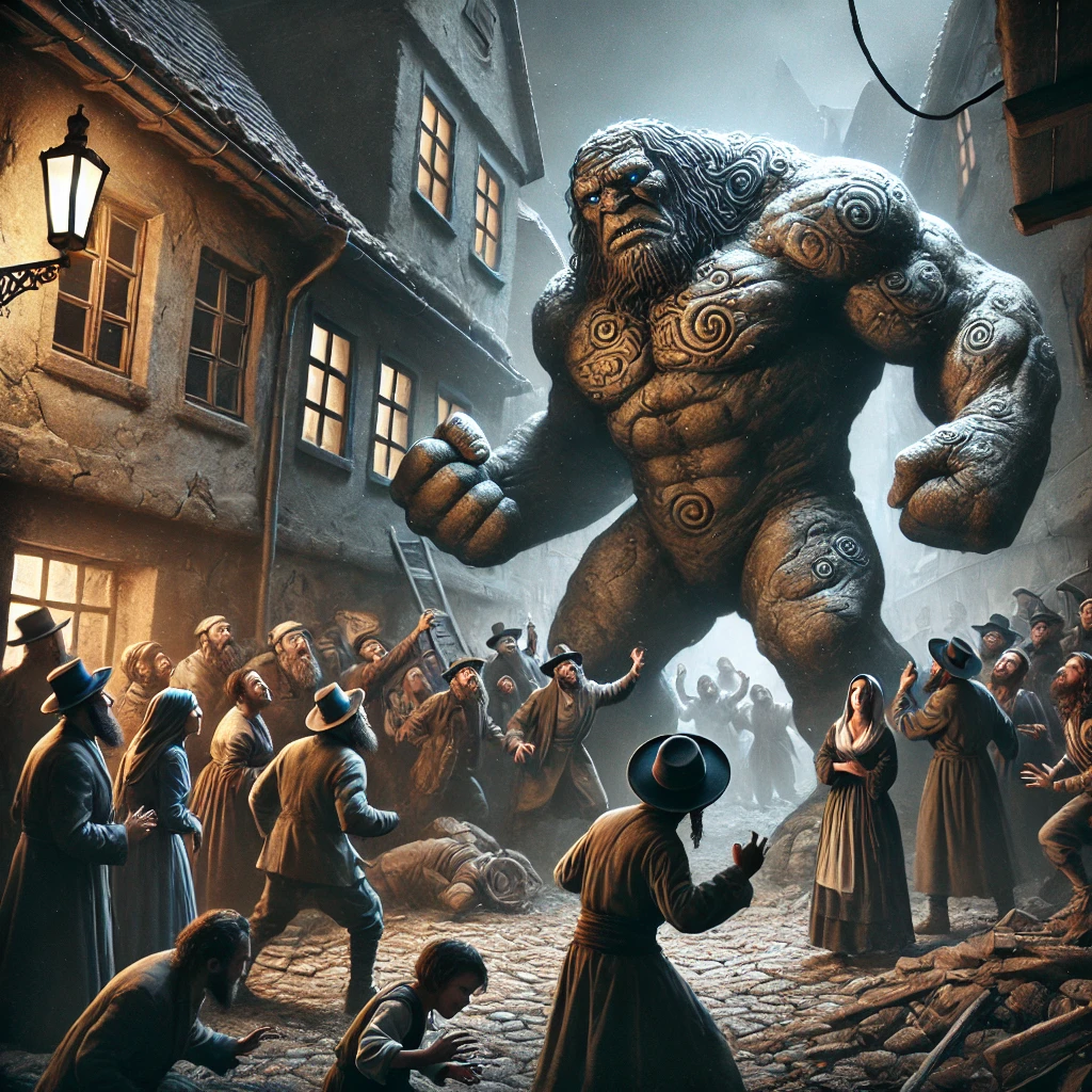 DALL·E-2024-09-26-00.59.19-An-intense-scene-where-the-golem-is-defending-the-Jewish-community-from-an-attack.-The-massive-golem-stands-in-front-of-the-villagers-using-its-power 人造人間「ゴーレム」、ユダヤ教伝承のプラハの昔話をAIと解説するよー