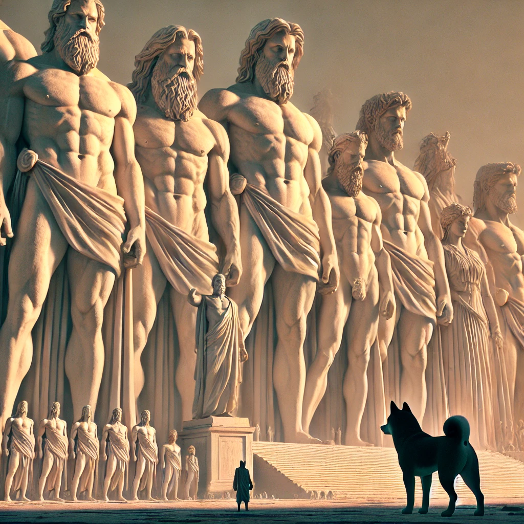 DALL·E-2024-09-27-01.22.10-A-scene-from-Greek-mythology-depicting-the-birth-of-the-Titans.-The-towering-and-powerful-Titans-stand-proudly-in-a-grand-majestic-line-exuding-stre ギリシャ神話①：『天地創造と神々の誕生』With柴犬