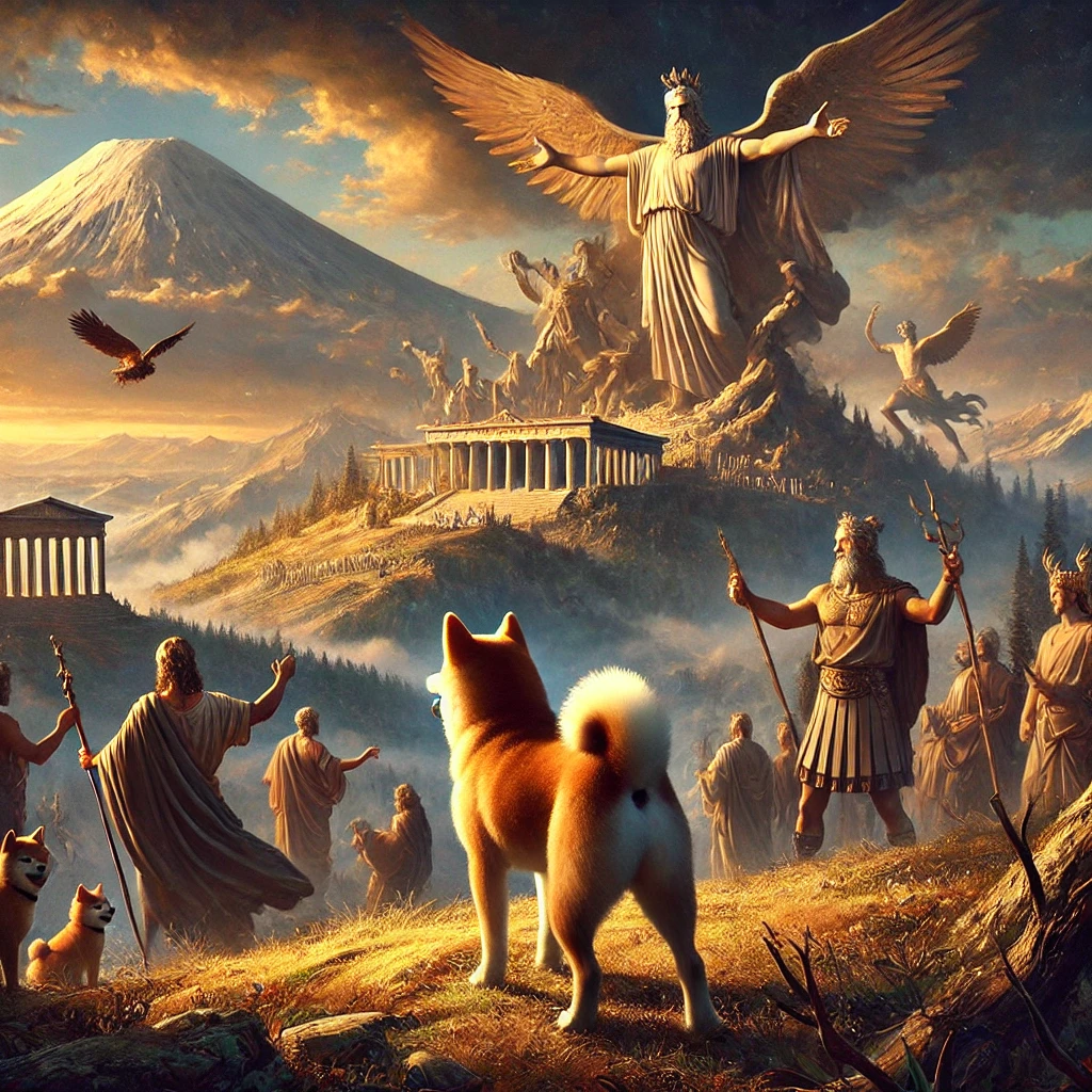 DALL·E-2024-09-27-01.31.23-A-grand-scene-from-Greek-mythology-where-Zeus-defeats-Cronus-and-the-gods-stand-triumphantly-on-Mount-Olympus.-The-landscape-is-majestic-symbolizing ギリシャ神話①：『天地創造と神々の誕生』With柴犬