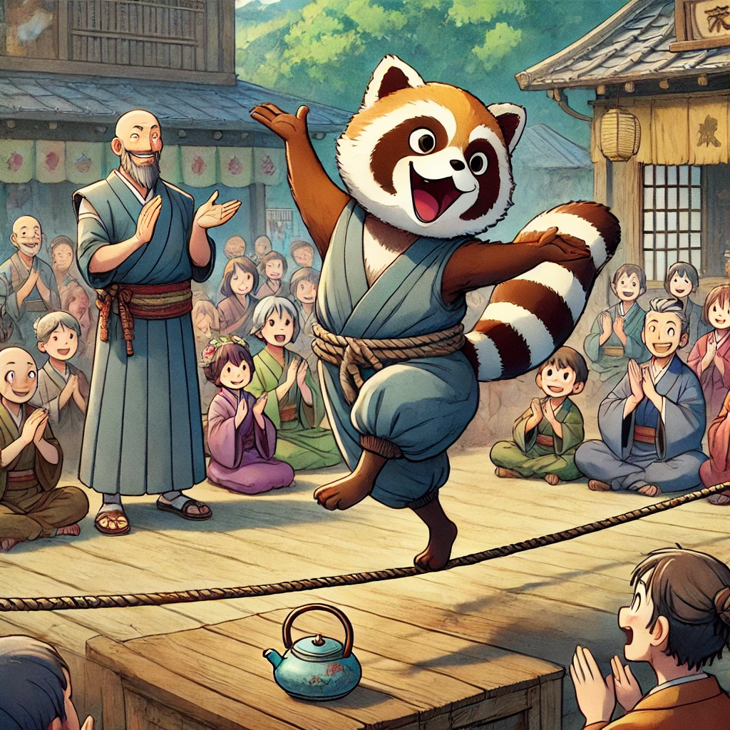 DALL·E-2024-09-27-04.03.45-In-a-lively-outdoor-scene-a-mischievous-tanuki-raccoon-dog-transformed-into-a-half-tanuki-half-tea-kettle-skillfully-performs-on-a-tightrope-in-f ぶんぶく茶釜～人とタヌキの友情を描くほっこり話をAIと語るよー