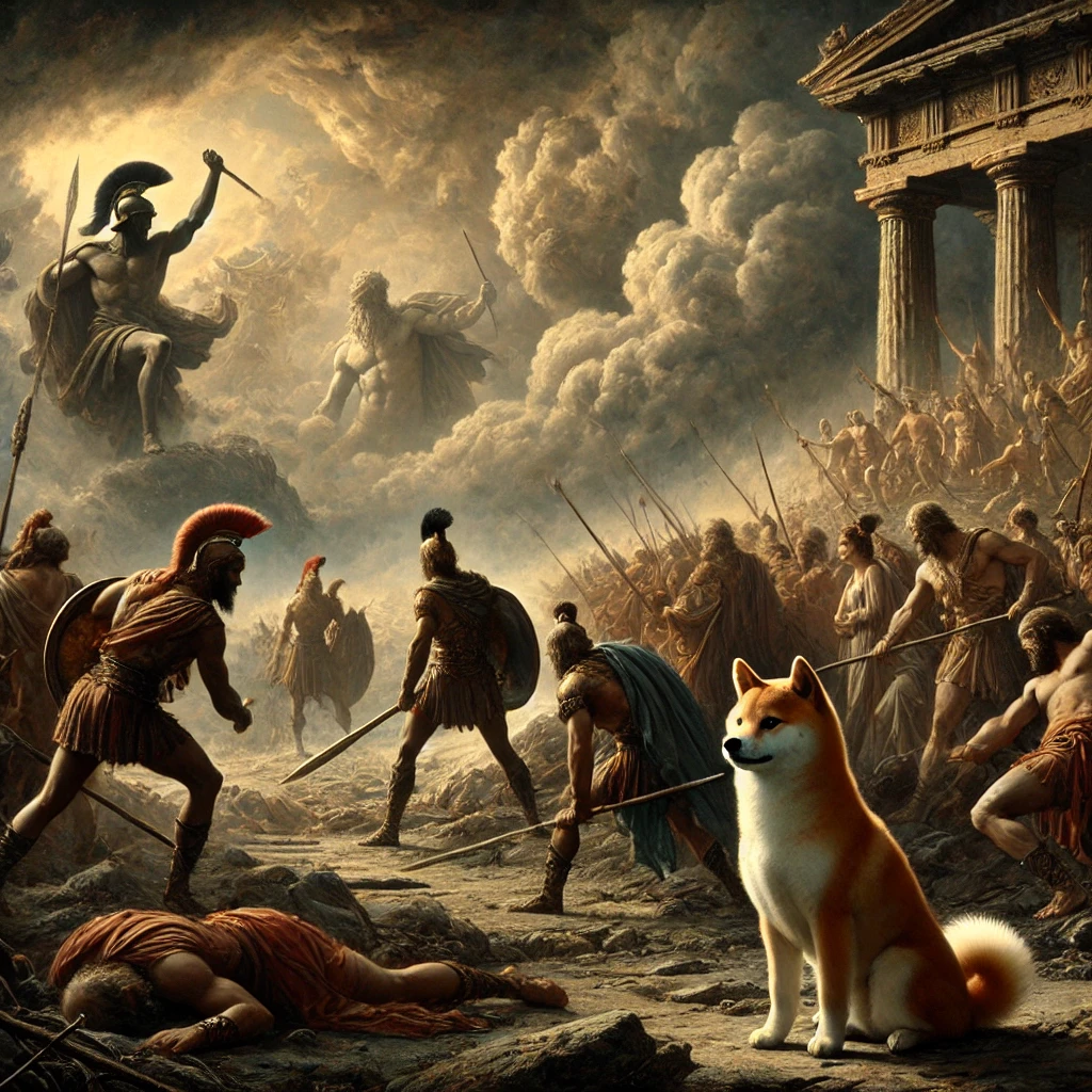 DALL·E-2024-09-27-23.04.21-A-scene-from-Greek-mythology-where-the-gods-of-Olympus-prepare-for-battle-against-the-Titans-in-the-Titanomachy.-The-atmosphere-is-filled-with-tension ギリシャ神話②：『ティタノマキア』With柴犬