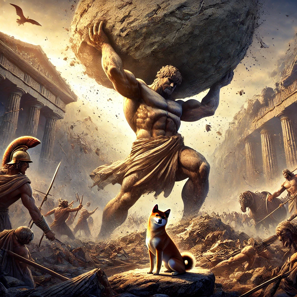 DALL·E-2024-09-27-23.04.32-A-scene-from-Greek-mythology-where-Atlas-one-of-the-Titans-displays-his-immense-strength-by-lifting-a-massive-rock.-Atlas-stands-tall-and-powerful- ギリシャ神話②：『ティタノマキア』With柴犬