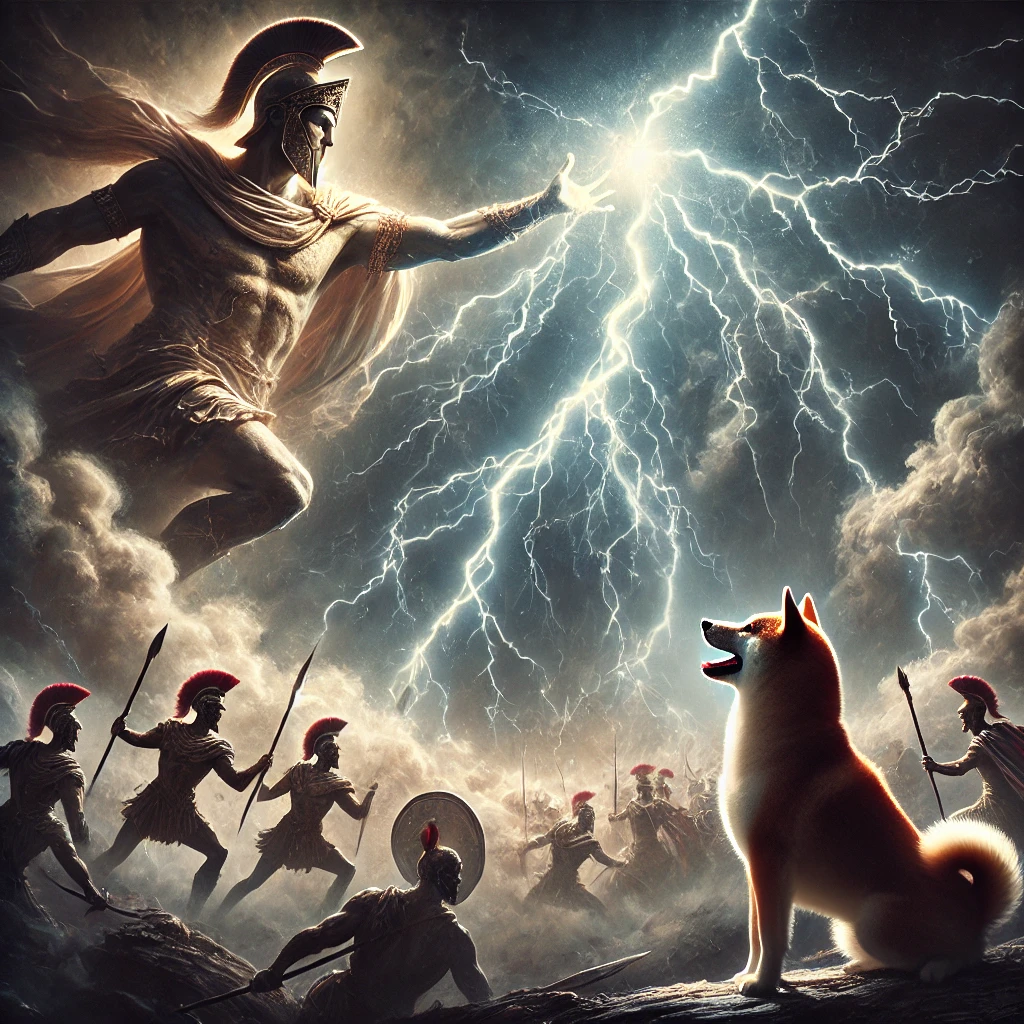 DALL·E-2024-09-27-23.04.44-A-dramatic-scene-from-Greek-mythology-showing-Zeus-hurling-a-lightning-bolt-from-the-sky-towards-the-Titans-during-the-Titanomachy.-Zeus-stands-tall-a ギリシャ神話②：『ティタノマキア』With柴犬