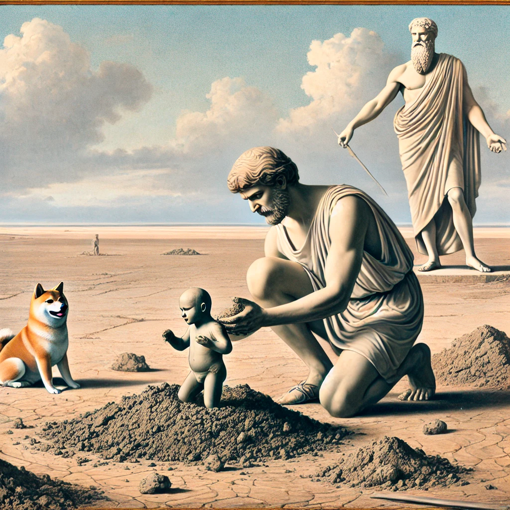 DALL·E-2024-09-28-02.43.36-A-scene-from-Greek-mythology-where-Prometheus-is-shaping-humans-from-mud-under-Zeuss-command.-The-scene-is-grand-with-Prometheus-kneeling-down-and-c ギリシャ神話③：『プロメテウスと人類創造』With柴犬