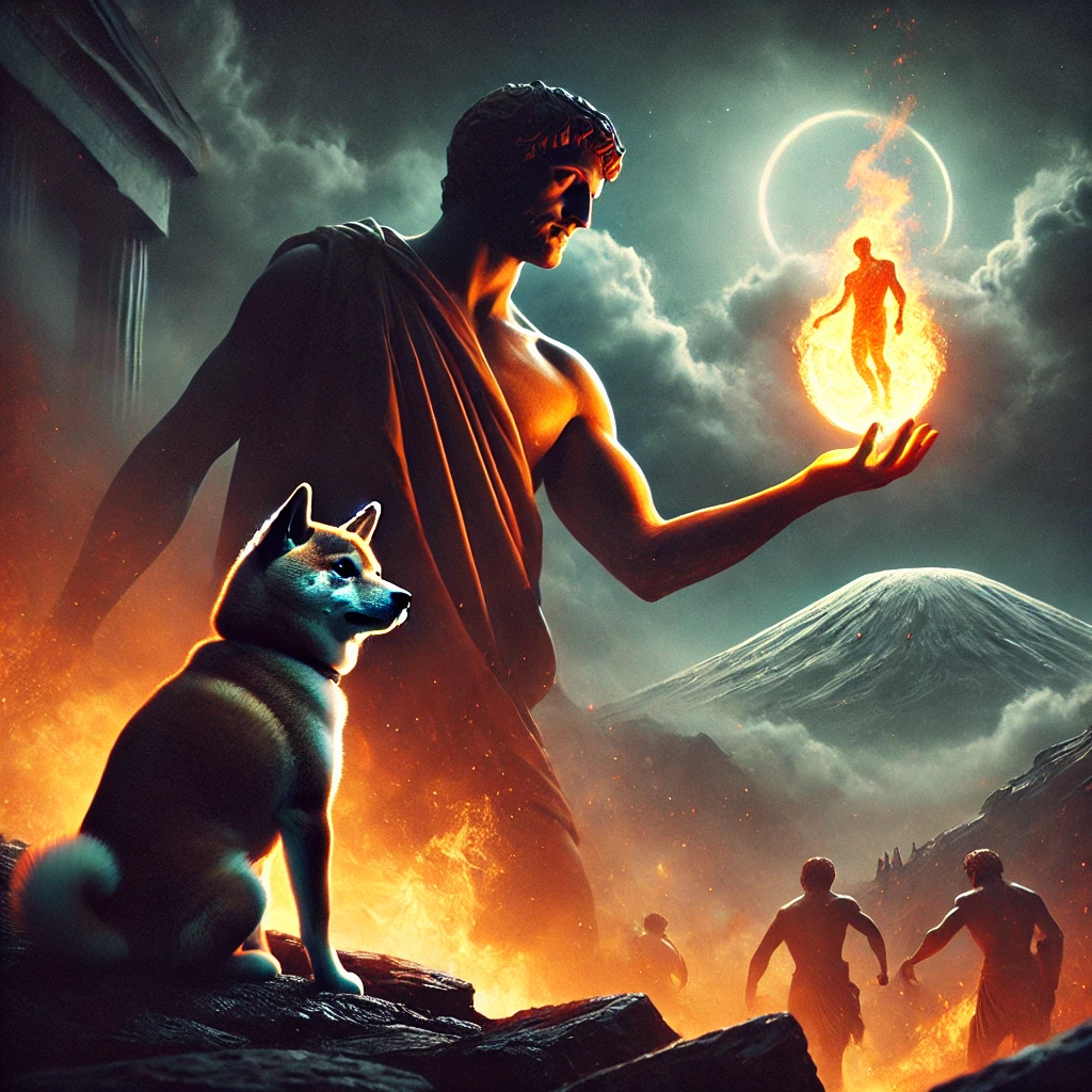 DALL·E-2024-09-28-02.44.10-A-dramatic-scene-from-Greek-mythology-where-Prometheus-steals-fire-from-the-gods.-Prometheus-is-shown-holding-a-glowing-flame-descending-from-Mount-O ギリシャ神話③：『プロメテウスと人類創造』With柴犬