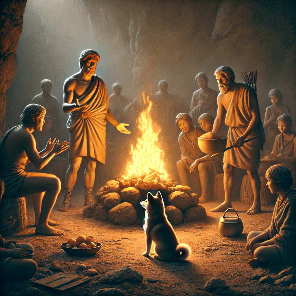 DALL·E-2024-09-28-02.44.27-A-scene-from-Greek-mythology-where-humanity-receives-fire-from-Prometheus.-Humans-are-gathered-around-a-fire-using-it-to-cook-food-and-warm-themselve ギリシャ神話③：『プロメテウスと人類創造』With柴犬