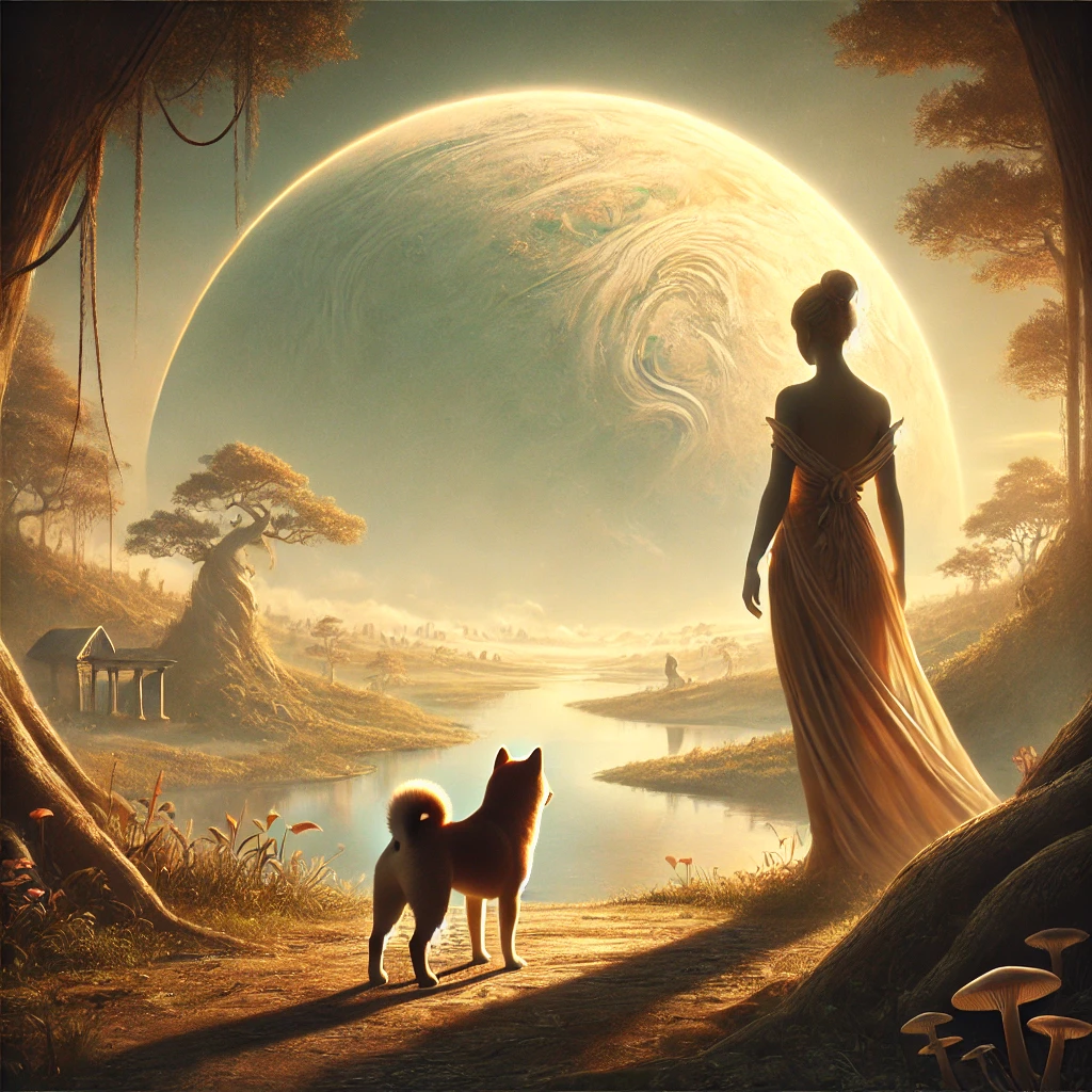 DALL·E-2024-10-01-00.16.18-A-serene-scene-from-Greek-mythology-where-Pandora-stands-and-gazes-at-the-new-world.-The-landscape-is-calm-and-peaceful-symbolizing-the-future-after- ギリシャ神話④：『パンドラの箱』With柴犬