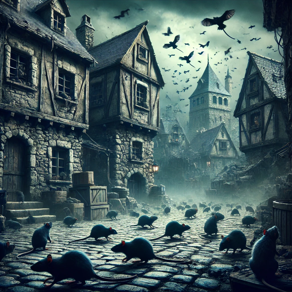 DALL·E-2024-10-01-19.21.44-A-dark-fantasy-scene-of-a-medieval-town-overrun-by-a-swarm-of-rats.-The-towns-buildings-are-old-with-stone-walls-and-narrow-streets.-The-rats-are-cr 『ハーメルンの笛吹き男』史実!?1284年に起きた子供130人の集団失踪事件!?闇が深い昔話をAIと語るよー