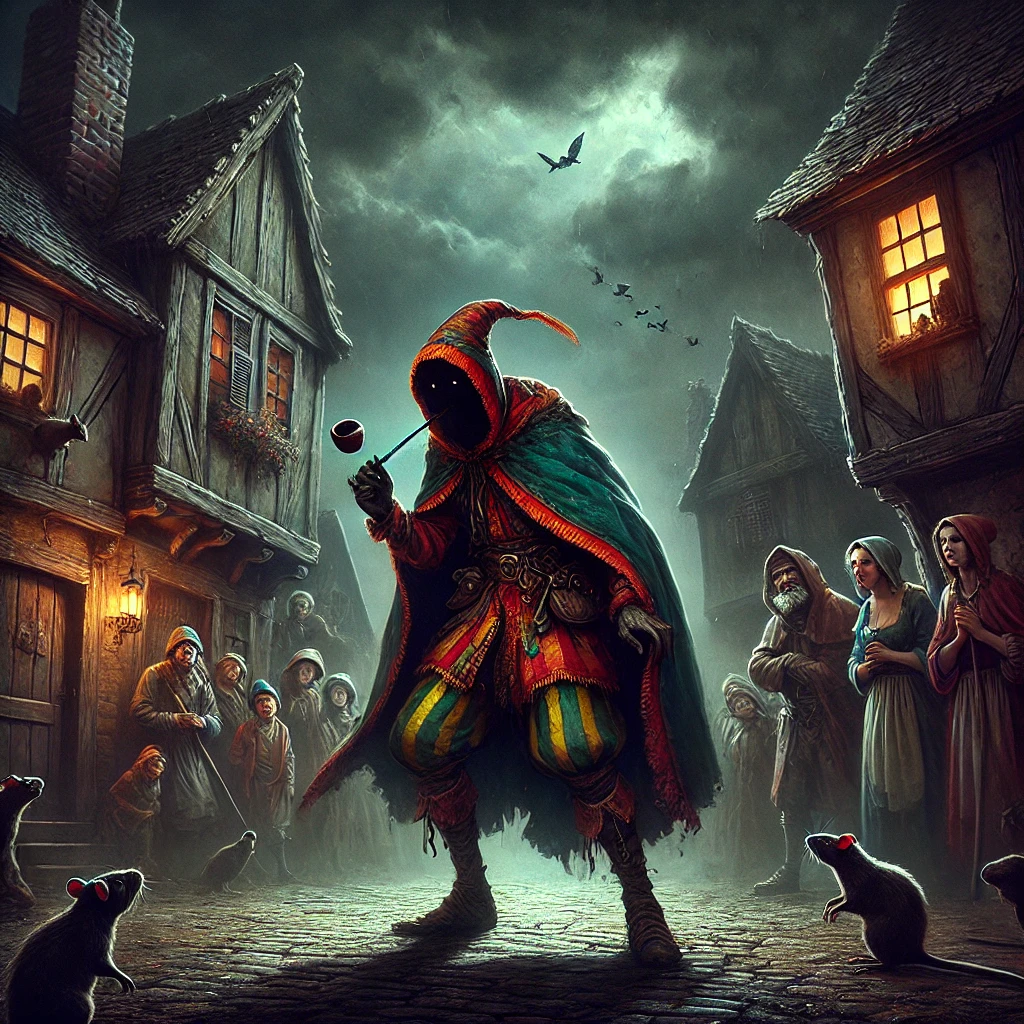 DALL·E-2024-10-01-19.24.05-A-dark-fantasy-scene-showing-a-mysterious-figure-the-Pied-Piper-arriving-in-the-town-of-Hamelin.-He-is-dressed-in-colorful-but-tattered-clothing-ho 『ハーメルンの笛吹き男』史実!?1284年に起きた子供130人の集団失踪事件!?闇が深い昔話をAIと語るよー