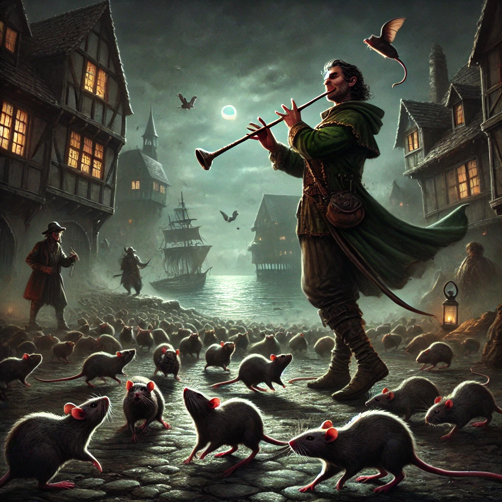 DALL·E-2024-10-01-19.25.33-A-dark-fantasy-scene-showing-the-Pied-Piper-playing-his-magical-pipe-in-the-center-of-the-town.-The-sound-of-his-music-is-drawing-rats-from-every-corn 『ハーメルンの笛吹き男』史実!?1284年に起きた子供130人の集団失踪事件!?闇が深い昔話をAIと語るよー