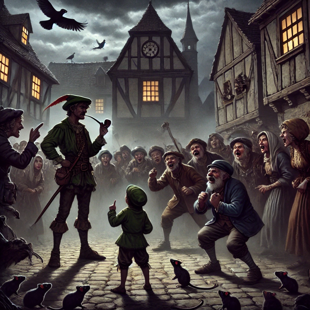 DALL·E-2024-10-01-19.31.37-A-dark-fantasy-scene-showing-the-townspeople-of-Hamelin-angrily-confronting-the-Pied-Piper.-They-are-gathered-in-the-town-square-refusing-to-pay-him- 『ハーメルンの笛吹き男』史実!?1284年に起きた子供130人の集団失踪事件!?闇が深い昔話をAIと語るよー