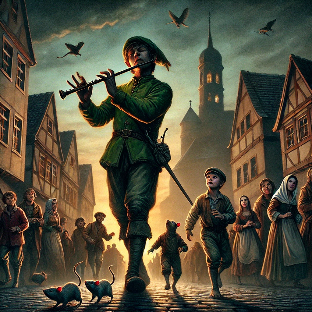 DALL·E-2024-10-01-19.34.21-A-dark-fantasy-scene-showing-the-Pied-Piper-playing-his-pipe-again-in-the-town-of-Hamelin.-This-time-instead-of-rats-the-towns-children-are-being-m 『ハーメルンの笛吹き男』史実!?1284年に起きた子供130人の集団失踪事件!?闇が深い昔話をAIと語るよー