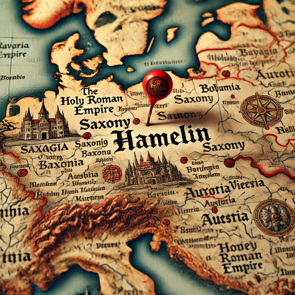 DALL·E-2024-10-01-19.59.39-A-historical-map-of-the-Holy-Roman-Empire-at-its-height-with-a-red-marker-highlighting-the-location-of-Hamelin-Hamelin-in-the-region-of-Saxony-nea 『ハーメルンの笛吹き男』史実!?1284年に起きた子供130人の集団失踪事件!?闇が深い昔話をAIと語るよー