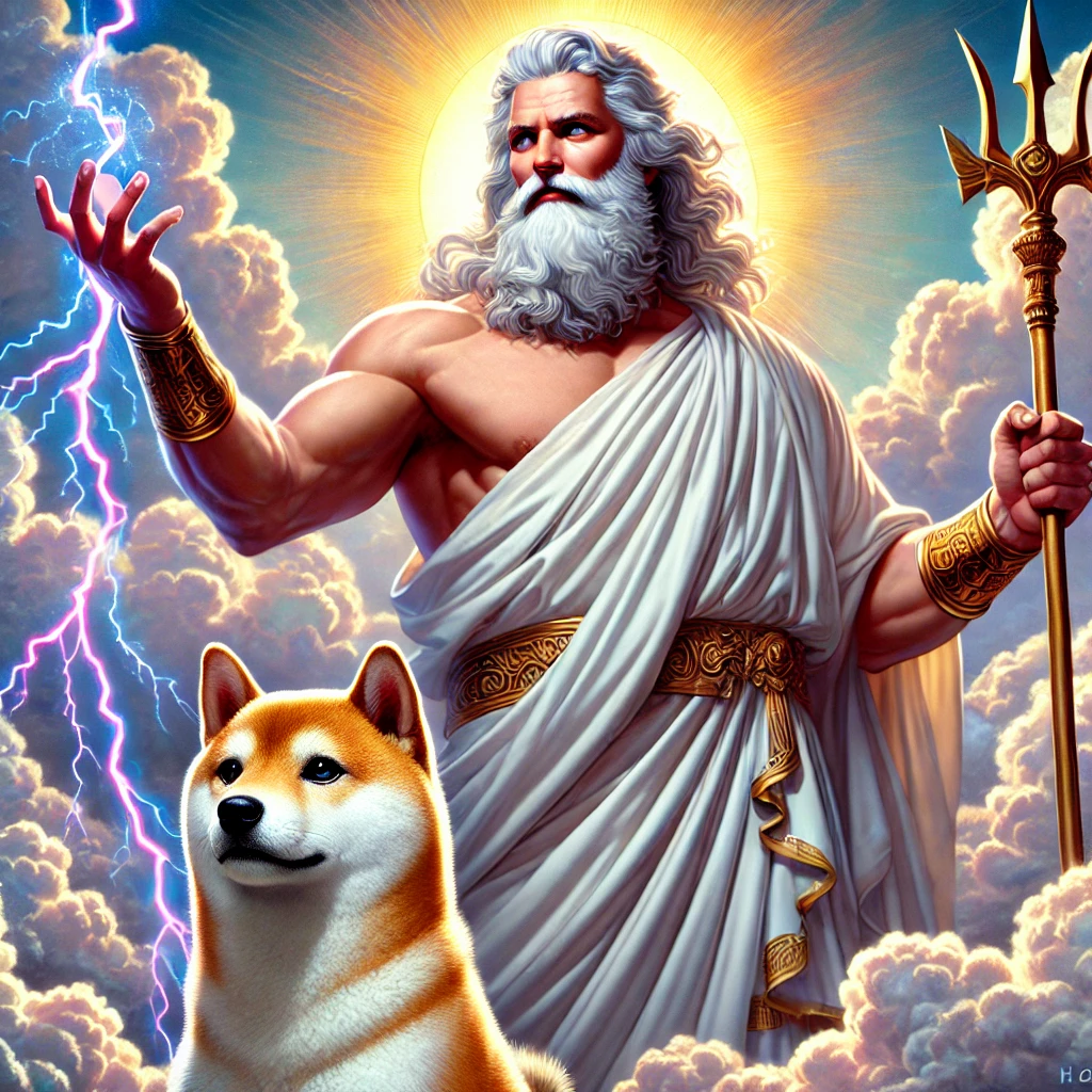 DALL·E-2024-10-02-00.13.35-A-full-color-depiction-of-Zeus-the-king-of-the-gods-standing-tall-with-a-thunderbolt-in-hand.-He-wears-a-flowing-white-robe-with-gold-accents-and-ha ギリシャ神話With柴犬：オリュンポス十二神（オリンポスの十二神）