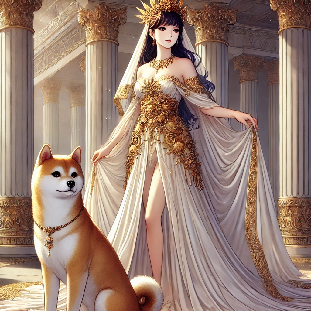 DALL·E-2024-10-02-00.14.00-A-full-color-depiction-of-Hera-the-goddess-of-marriage-and-queen-of-the-gods-standing-gracefully-in-a-flowing-regal-gown-adorned-with-gold-accents ギリシャ神話With柴犬：オリュンポス十二神（オリンポスの十二神）