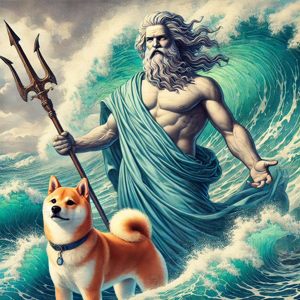 DALL·E-2024-10-02-00.14.14-A-full-color-depiction-of-Poseidon-the-god-of-the-sea-standing-powerfully-with-a-trident-in-hand.-He-wears-a-flowing-blue-green-robe-that-matches-th ギリシャ神話With柴犬：オリュンポス十二神（オリンポスの十二神）