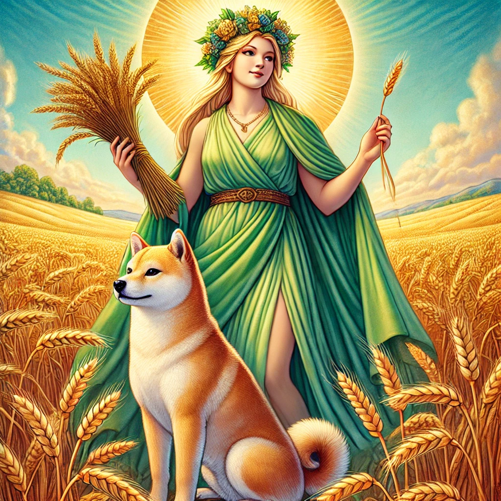 DALL·E-2024-10-02-00.14.30-A-full-color-depiction-of-Demeter-the-goddess-of-agriculture-and-harvest-standing-gracefully-with-a-bundle-of-wheat-in-her-hands.-She-is-wearing-a-g ギリシャ神話With柴犬：オリュンポス十二神（オリンポスの十二神）