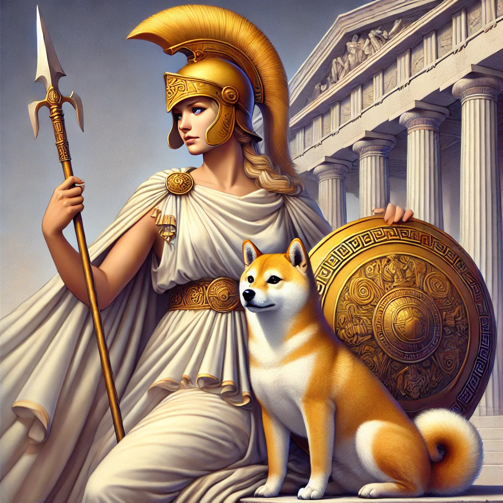 DALL·E-2024-10-02-00.14.42-A-full-color-depiction-of-Athena-the-goddess-of-wisdom-and-war-standing-with-a-shield-and-spear.-She-wears-a-flowing-white-and-gold-robe-with-a-hel ギリシャ神話With柴犬：オリュンポス十二神（オリンポスの十二神）