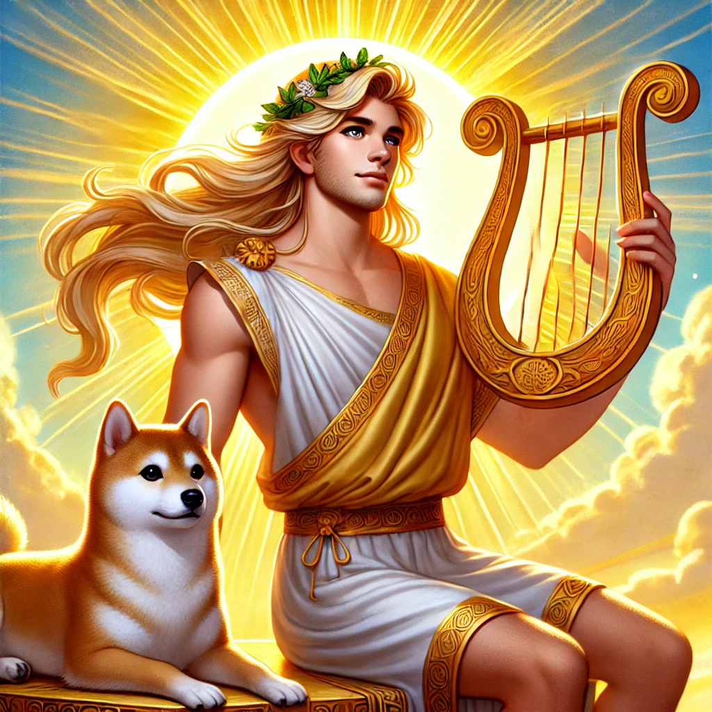 DALL·E-2024-10-02-00.14.55-A-full-color-depiction-of-Apollo-the-god-of-music-prophecy-and-the-sun-standing-with-a-lyre-in-hand.-He-wears-a-golden-tunic-his-expression-calm- ギリシャ神話With柴犬：オリュンポス十二神（オリンポスの十二神）