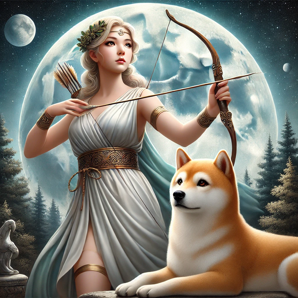 DALL·E-2024-10-02-00.17.24-A-full-color-depiction-of-Artemis-the-goddess-of-the-hunt-wilderness-and-the-moon-standing-with-a-bow-in-hand.-She-wears-a-silver-and-white-tunic ギリシャ神話With柴犬：オリュンポス十二神（オリンポスの十二神）