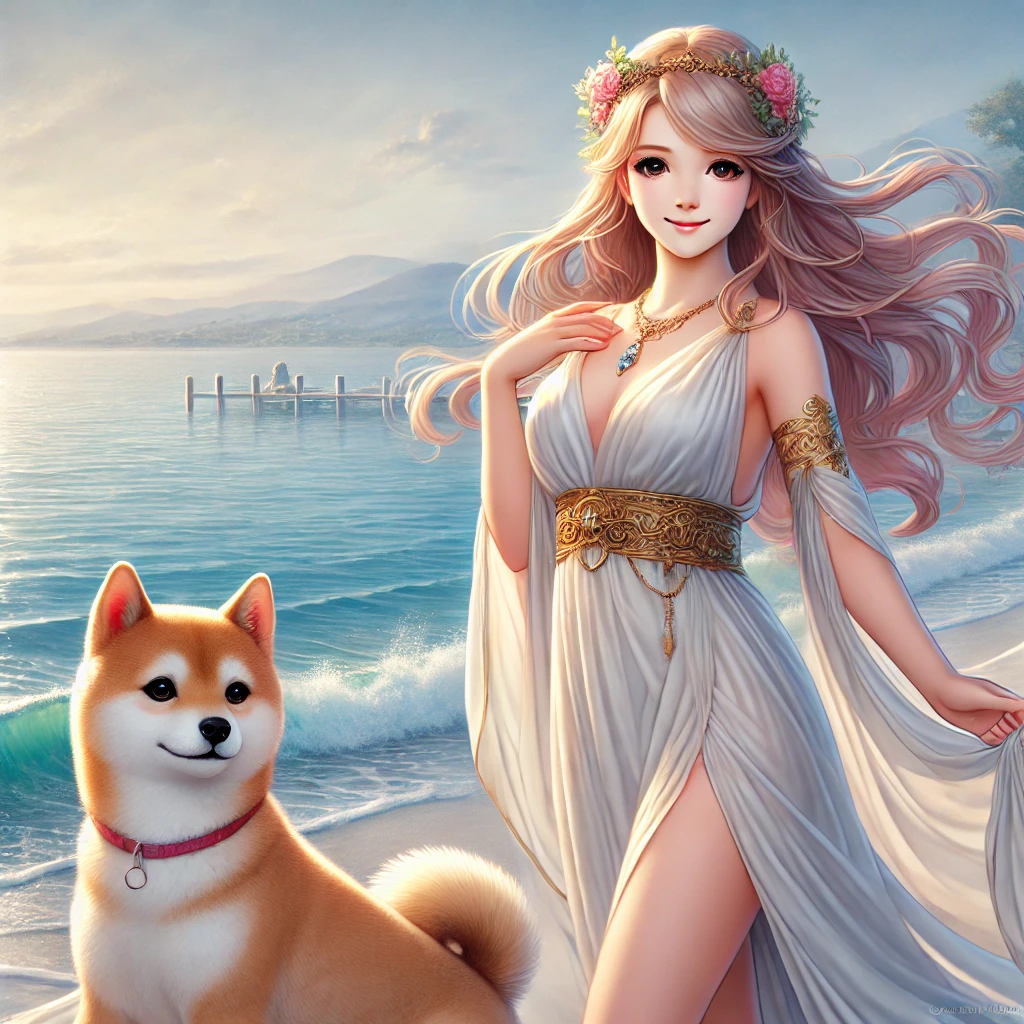 DALL·E-2024-10-02-00.18.58-A-full-color-depiction-of-Aphrodite-the-goddess-of-love-and-beauty-standing-gracefully-near-the-sea-with-a-soft-smile.-She-wears-a-flowing-elegant- ギリシャ神話With柴犬：オリュンポス十二神（オリンポスの十二神）