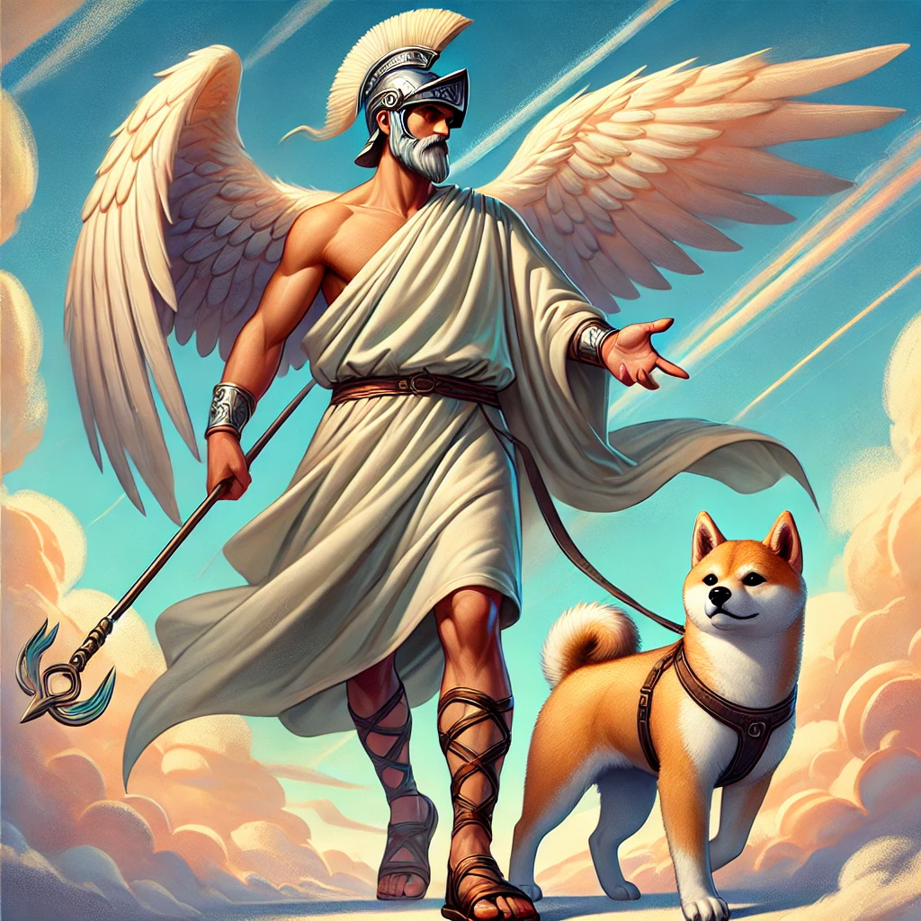 DALL·E-2024-10-02-00.30.16-A-full-color-depiction-of-Hermes-the-god-of-trade-travel-and-communication-standing-with-his-signature-winged-sandals-and-helmet.-He-is-wearing-a- ギリシャ神話With柴犬：オリュンポス十二神（オリンポスの十二神）