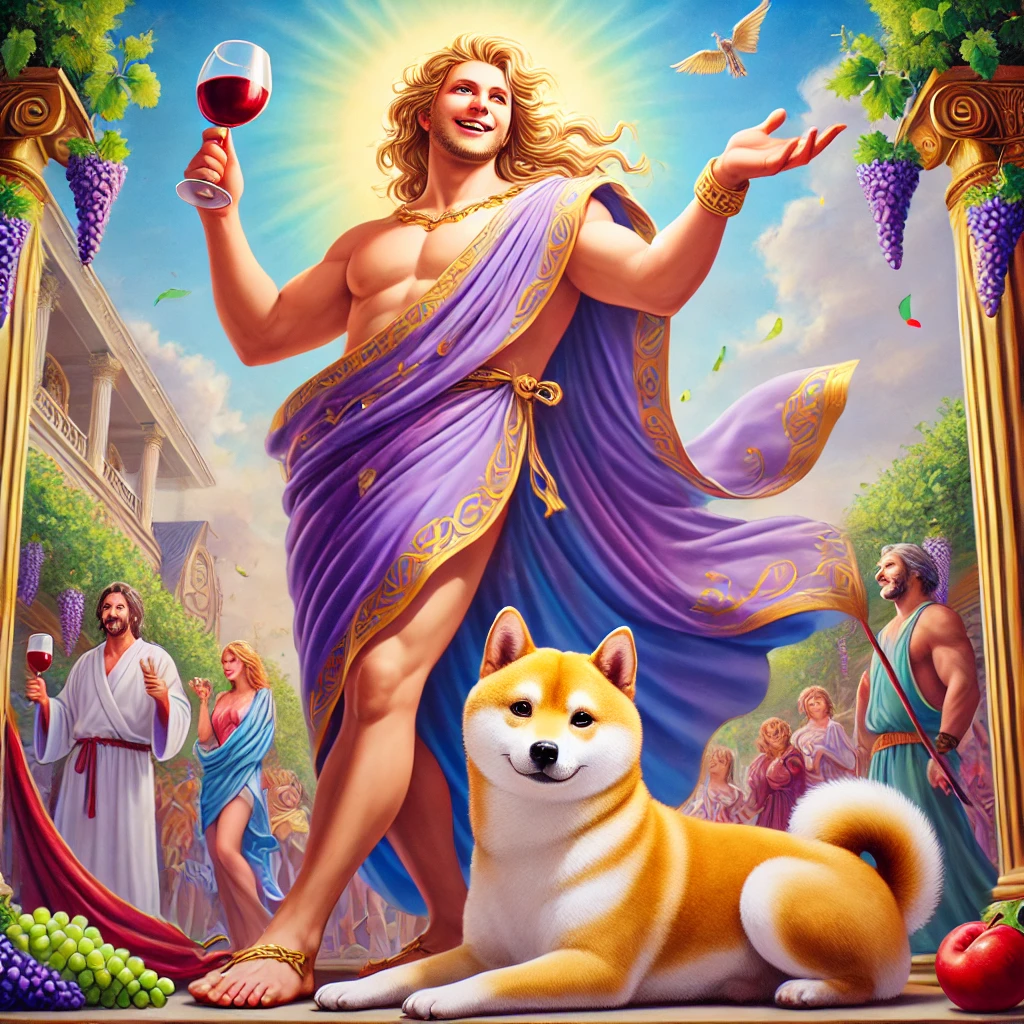 DALL·E-2024-10-02-00.30.52-A-full-color-depiction-of-Dionysus-the-god-of-wine-revelry-and-festivity-standing-joyfully-with-a-cup-of-wine-in-one-hand.-He-is-wearing-a-flowing ギリシャ神話With柴犬：オリュンポス十二神（オリンポスの十二神）