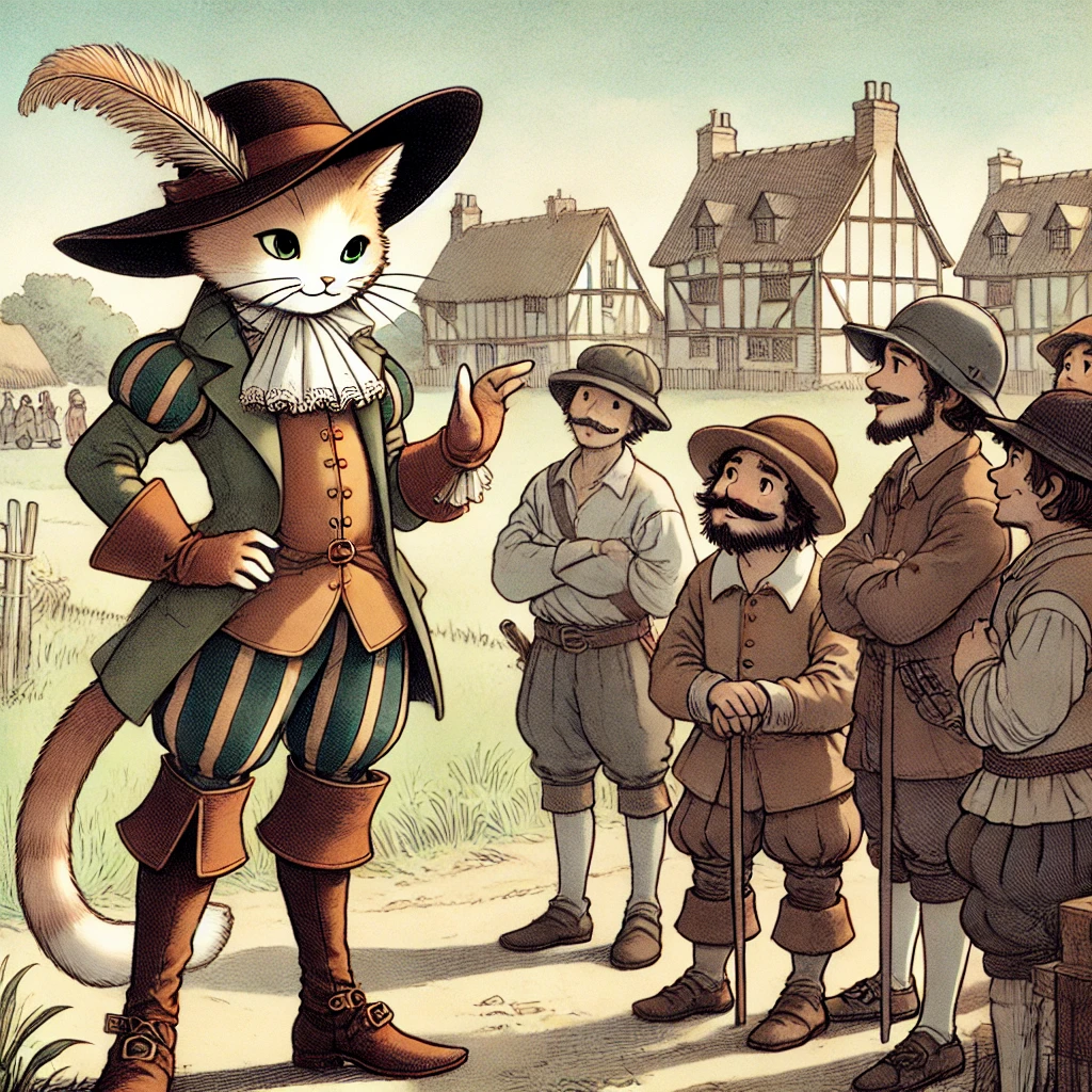 DALL·E-2024-10-02-03.07.45-A-scene-set-in-17th-century-France-for-the-story-of-Puss-in-Boots.-The-clever-cat-in-tall-boots-and-a-feathered-hat-is-standing-in-front-of-a-group- 『長靴をはいた猫』機転と度胸！知恵と勇気で未来を切り開け！