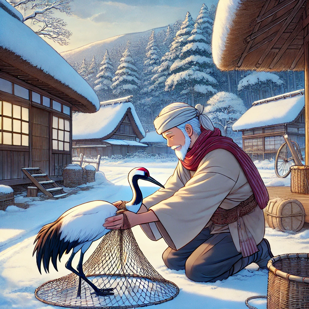 DALL·E-2024-10-03-00.58.26-A-scene-set-in-a-snowy-rural-village-in-Japan-showing-an-elderly-man-finding-a-crane-trapped-in-a-snare.-The-elderly-man-dressed-in-traditional-Japa 鶴の恩返し-動物報恩譚（どうぶつほうおんたん）の極みをAIと語ってみたら思ったより面白かったｗ