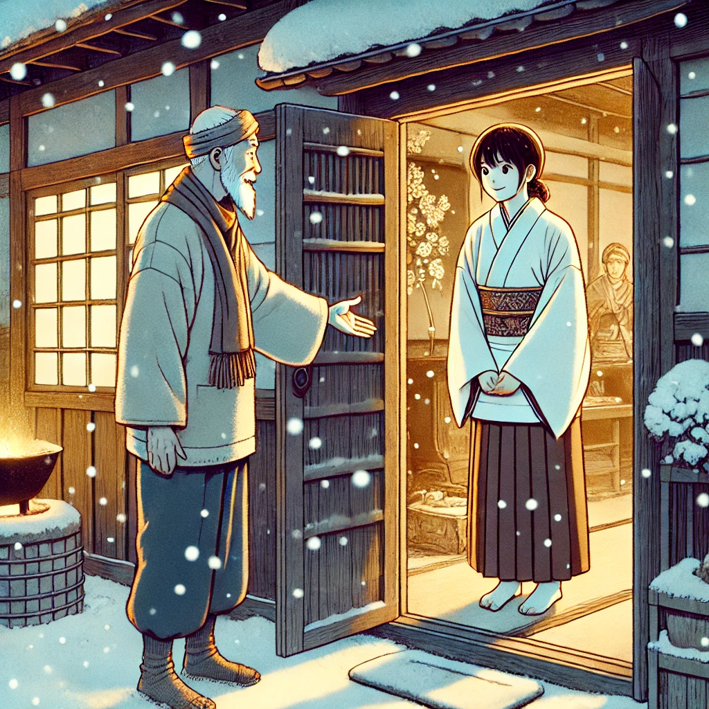 DALL·E-2024-10-03-01.00.11-A-cozy-rural-Japanese-house-in-winter-with-an-elderly-man-opening-the-door-to-find-a-young-woman-standing-in-the-snow.-The-elderly-man-surprised-but 鶴の恩返し-動物報恩譚（どうぶつほうおんたん）の極みをAIと語ってみたら思ったより面白かったｗ