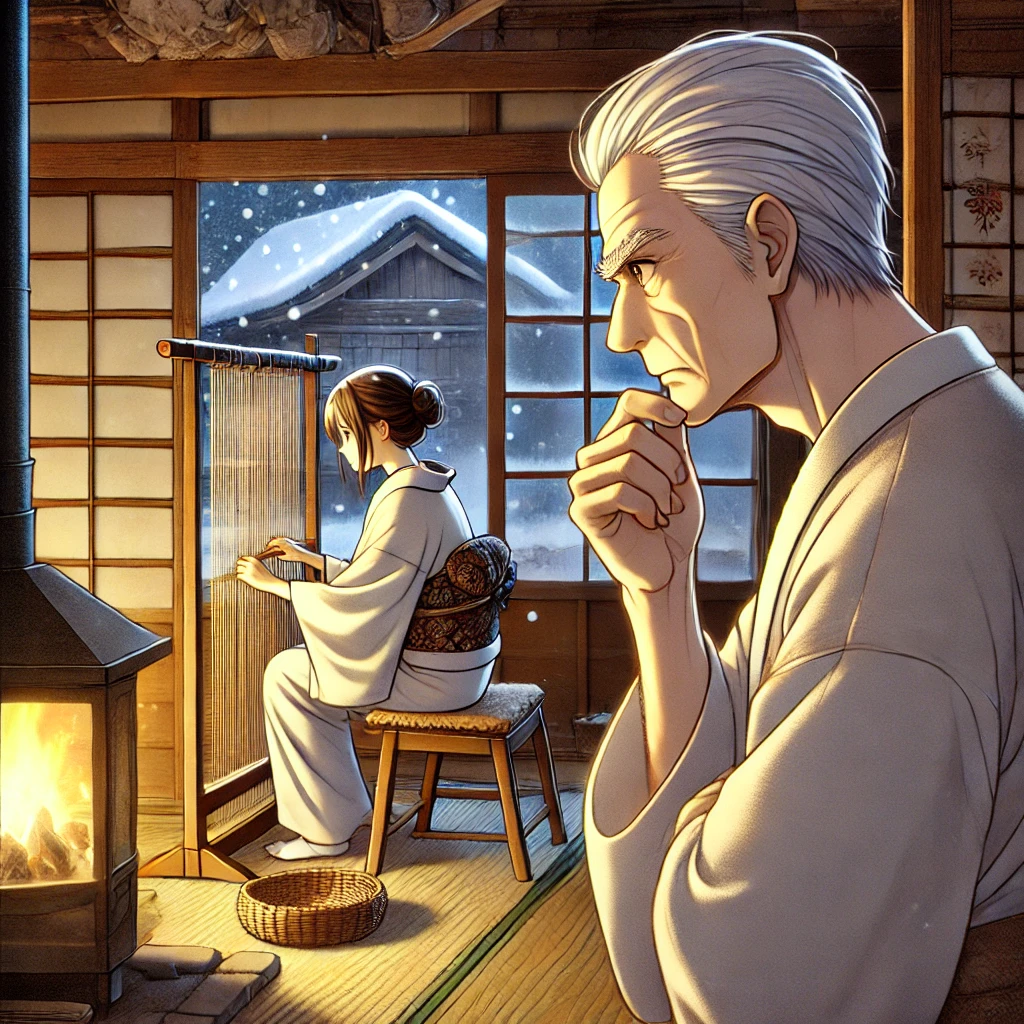 DALL·E-2024-10-03-01.08.44-A-scene-inside-a-cozy-rural-Japanese-house-in-winter.-The-elderly-man-filled-with-curiosity-quietly-approaches-the-screen-where-the-young-woman-is-w 鶴の恩返し-動物報恩譚（どうぶつほうおんたん）の極みをAIと語ってみたら思ったより面白かったｗ