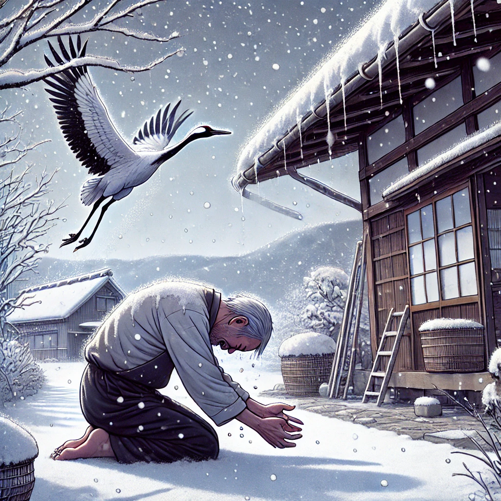 DALL·E-2024-10-03-01.13.12-A-deeply-emotional-scene-outside-a-rural-Japanese-house-in-winter.-The-elderly-man-has-fallen-to-his-knees-in-deep-regret-reaching-out-towards-the-cr 鶴の恩返し-動物報恩譚（どうぶつほうおんたん）の極みをAIと語ってみたら思ったより面白かったｗ