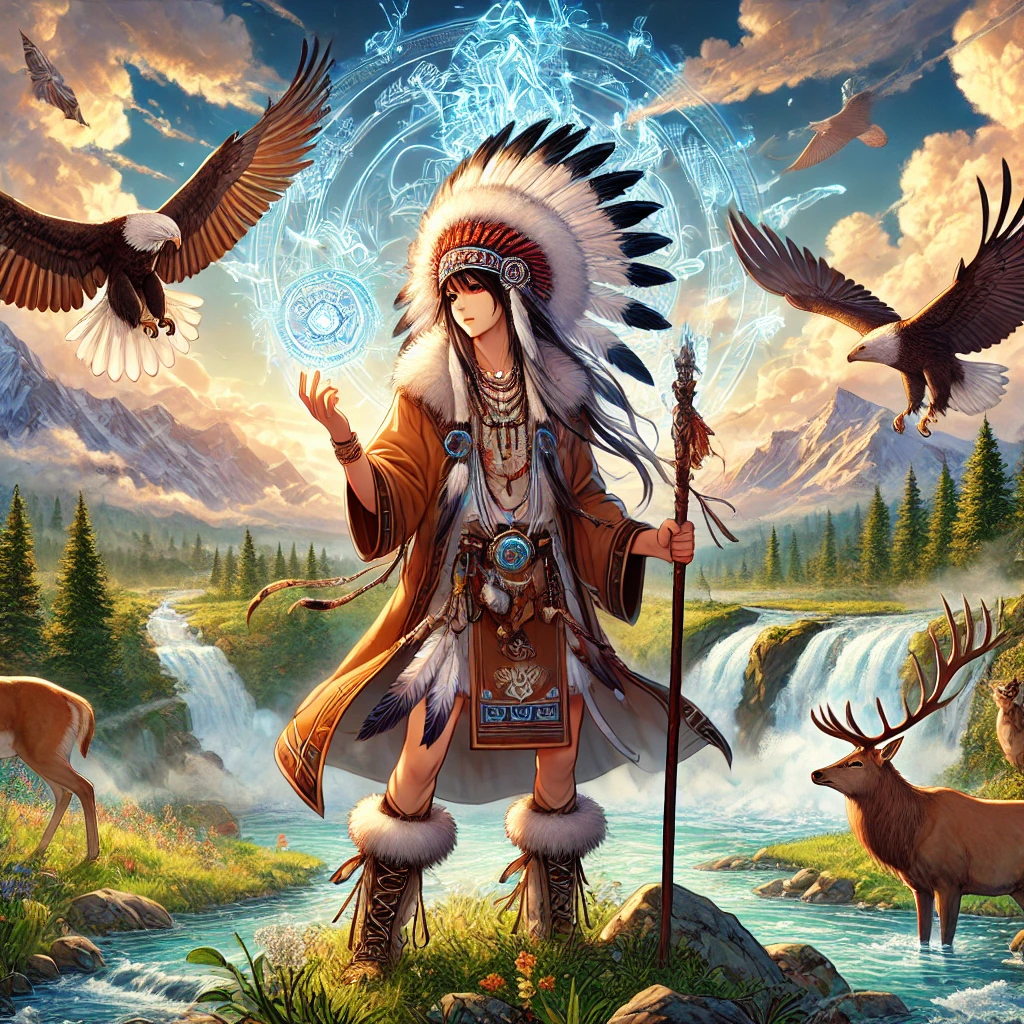 DALL·E-2024-10-03-01.28.55-A-majestic-scene-featuring-a-Native-American-figure-in-traditional-clothing-standing-in-a-natural-landscape.-The-person-wears-a-feathered-headdress-a 鶴の恩返し-動物報恩譚（どうぶつほうおんたん）の極みをAIと語ってみたら思ったより面白かったｗ