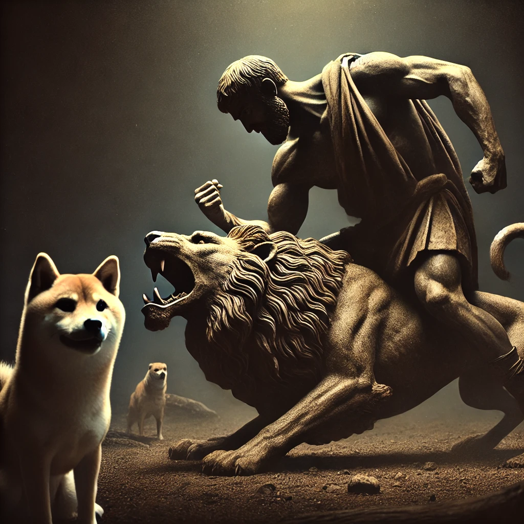 DALL·E-2024-10-04-01.20.58-A-dramatic-scene-from-Greek-mythology-where-Heracles-is-wrestling-the-Nemean-Lion-with-his-bare-hands-as-part-of-his-first-labor.-The-lion-is-ferociou ギリシャ神話With柴犬：ヘラクレスの十二の試練【①ネメアの獅子退治】