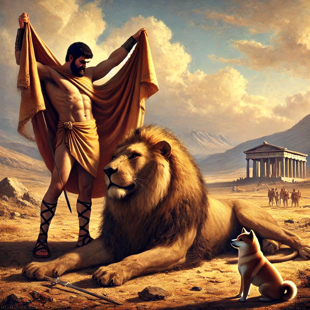 DALL·E-2024-10-04-01.22.53-A-scene-from-Greek-mythology-where-Heracles-has-successfully-defeated-the-Nemean-Lion-and-is-now-removing-its-impenetrable-hide-to-use-as-armor.-Herac ギリシャ神話With柴犬：ヘラクレスの十二の試練【①ネメアの獅子退治】